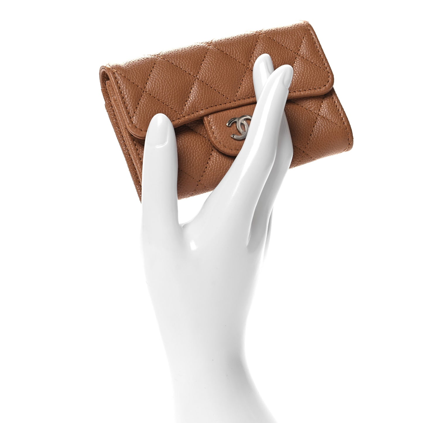 Caviar Quilted Flap Card Holder Wallet Light Brown