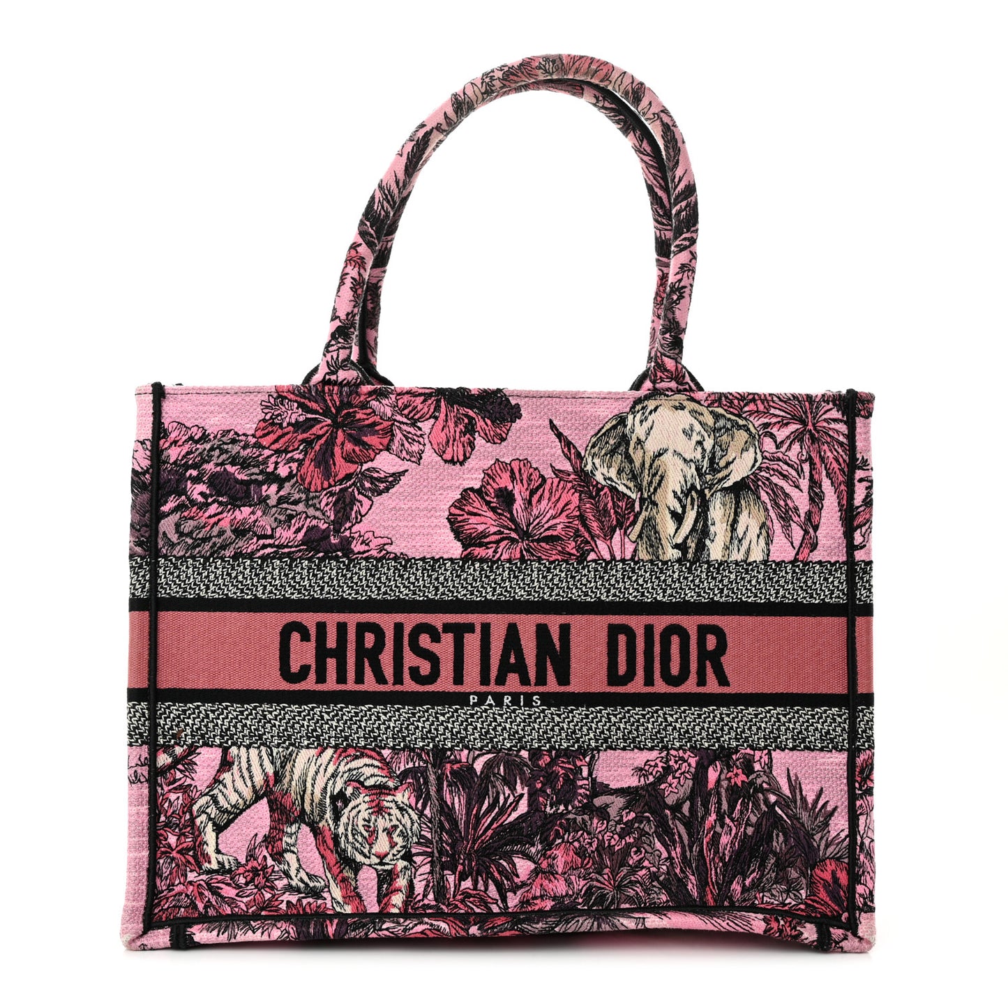 Canvas Embroidered Medium Toile de Jouy Voyage Book Tote Fuchsia Multicolor