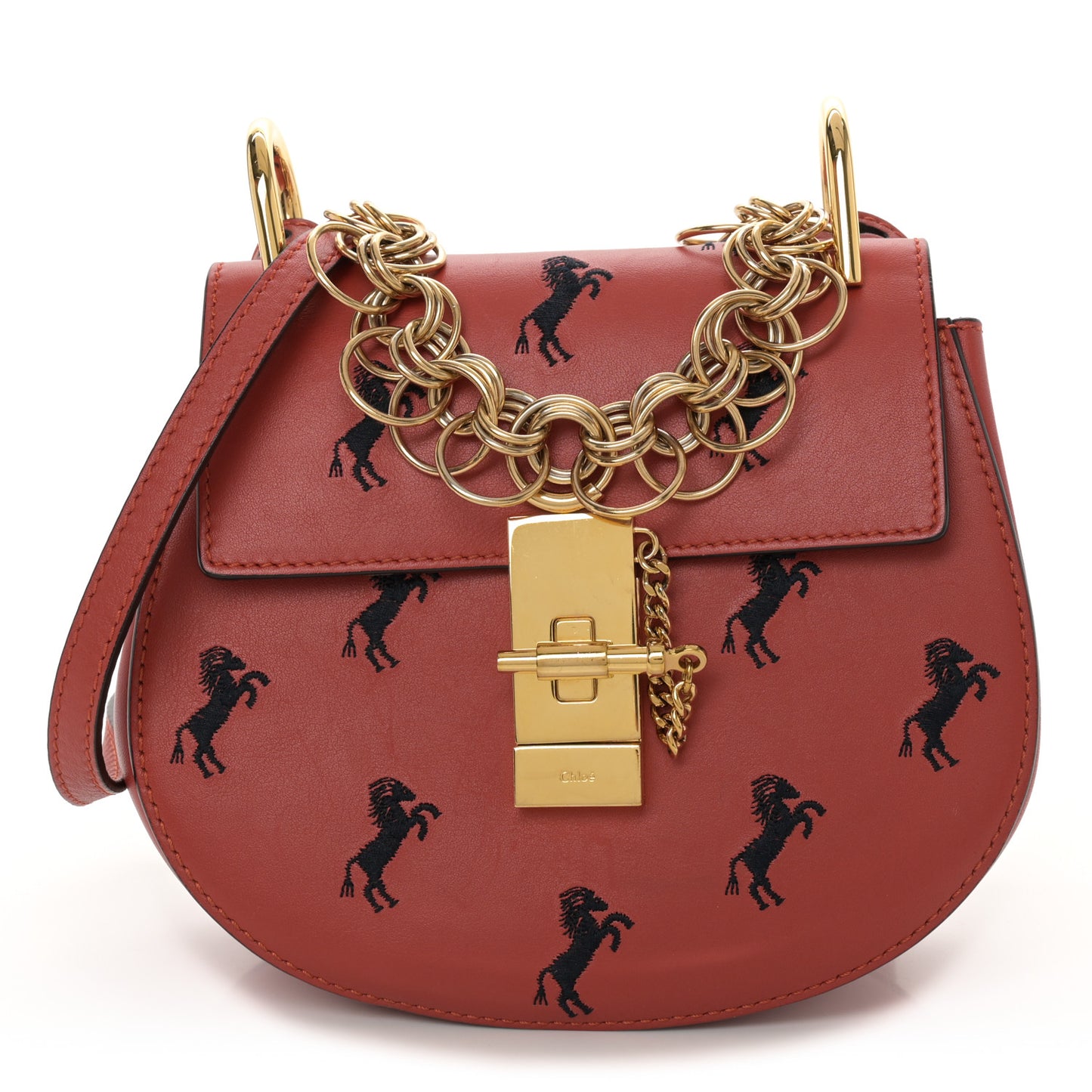 Calfskin Little Horses Embroidered Mini Drew Bijou Shoulder Bag Earthy Red
