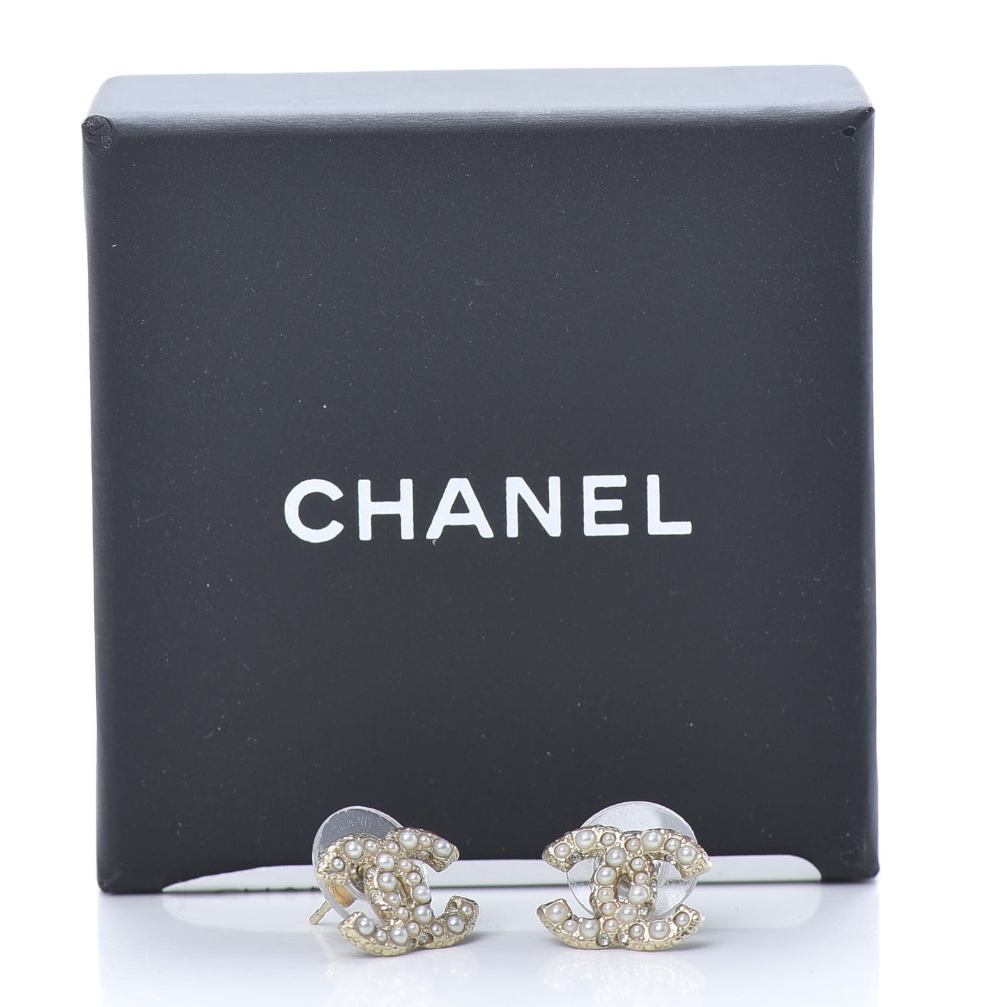 Pearl Crystal CC Stud Earrings Gold