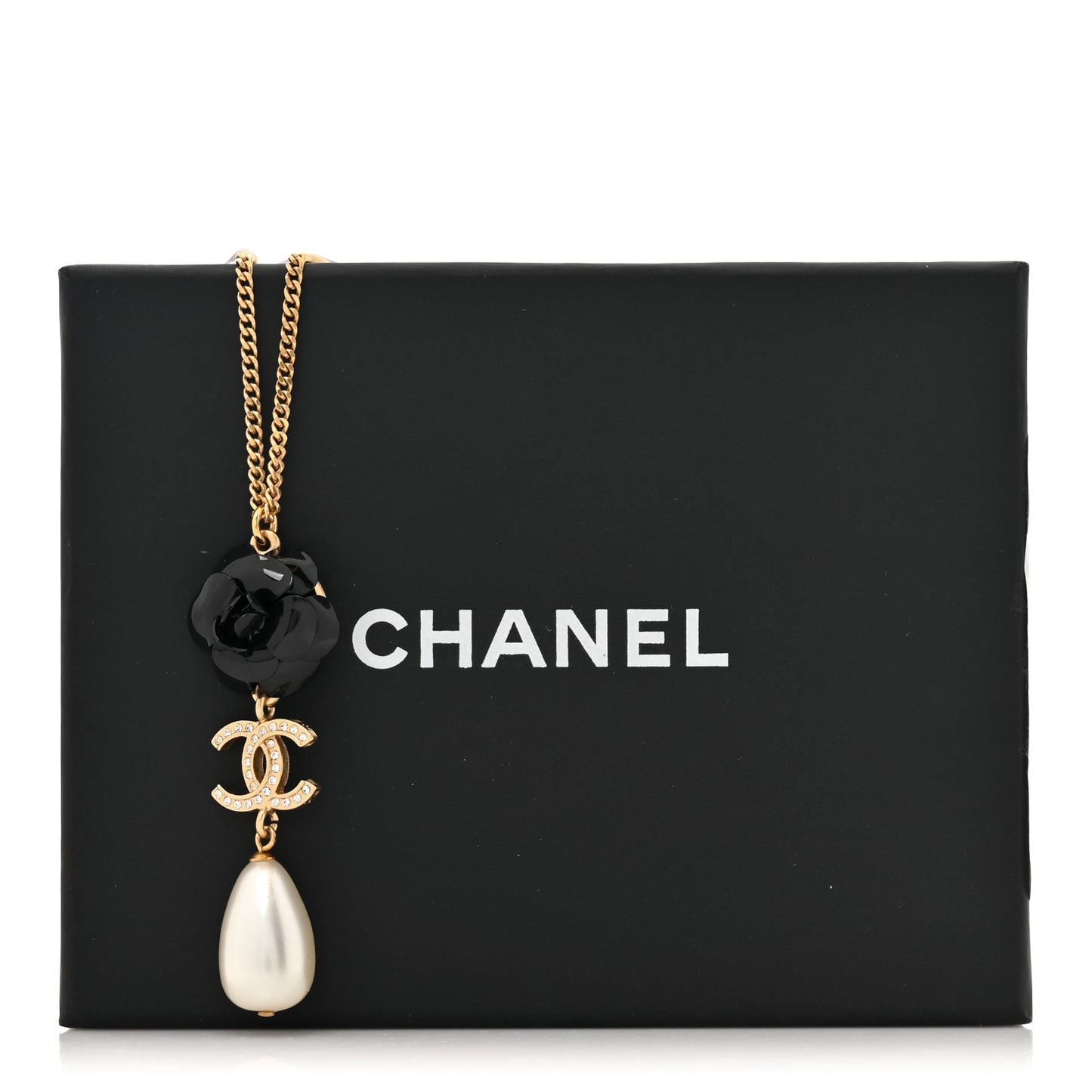 Enamel Crystal Pearl CC Camellia Necklace Gold Black