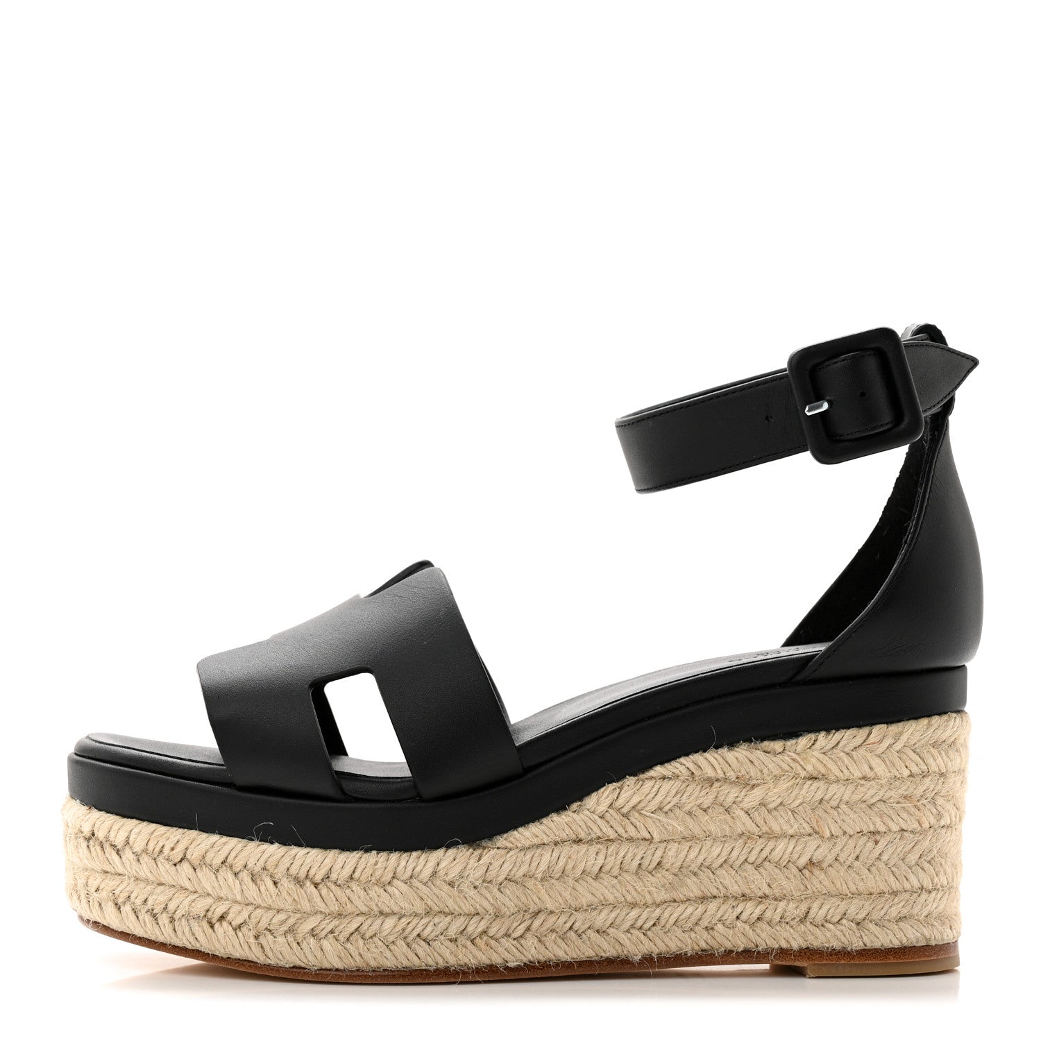 Hermes Goatskin Elda Espadrille Wedge Sandals 36 Black 1 of 11