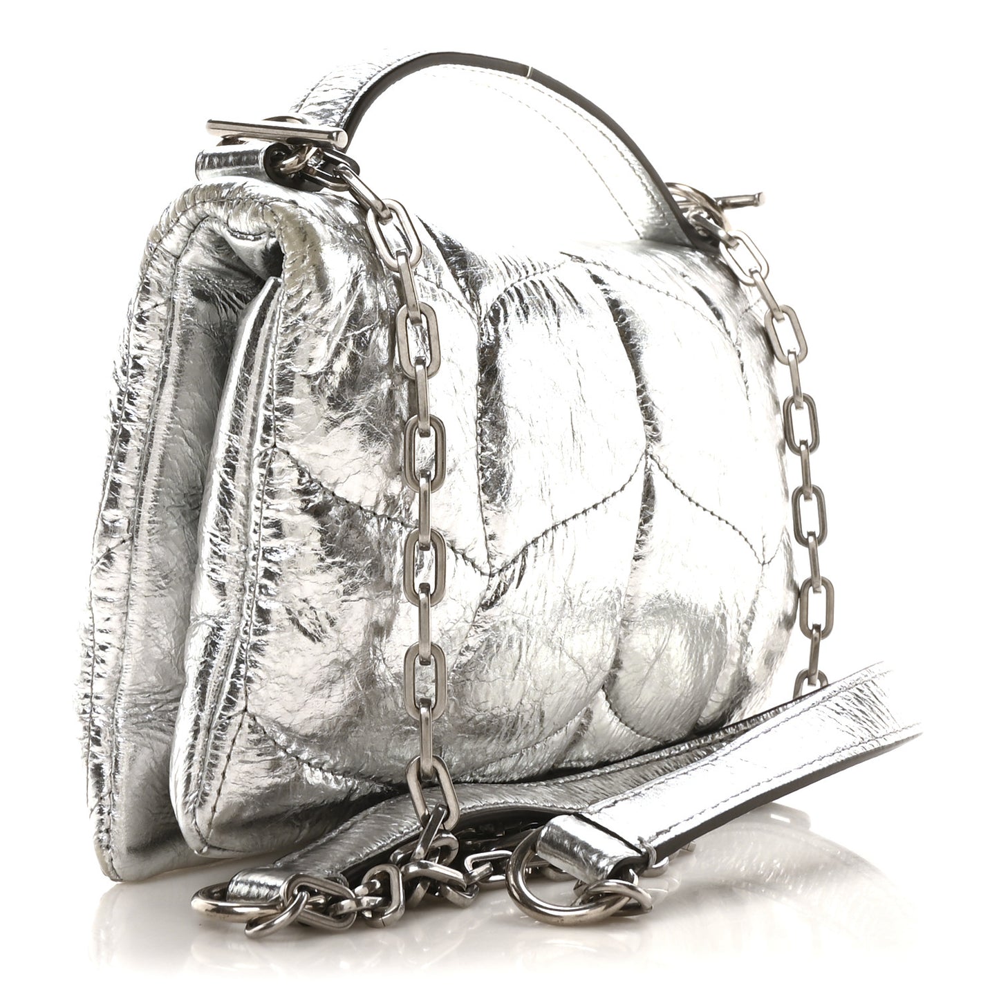 Metallic Crinkled Nappa Pillow Quilted Tiny Softie Bag Silver
