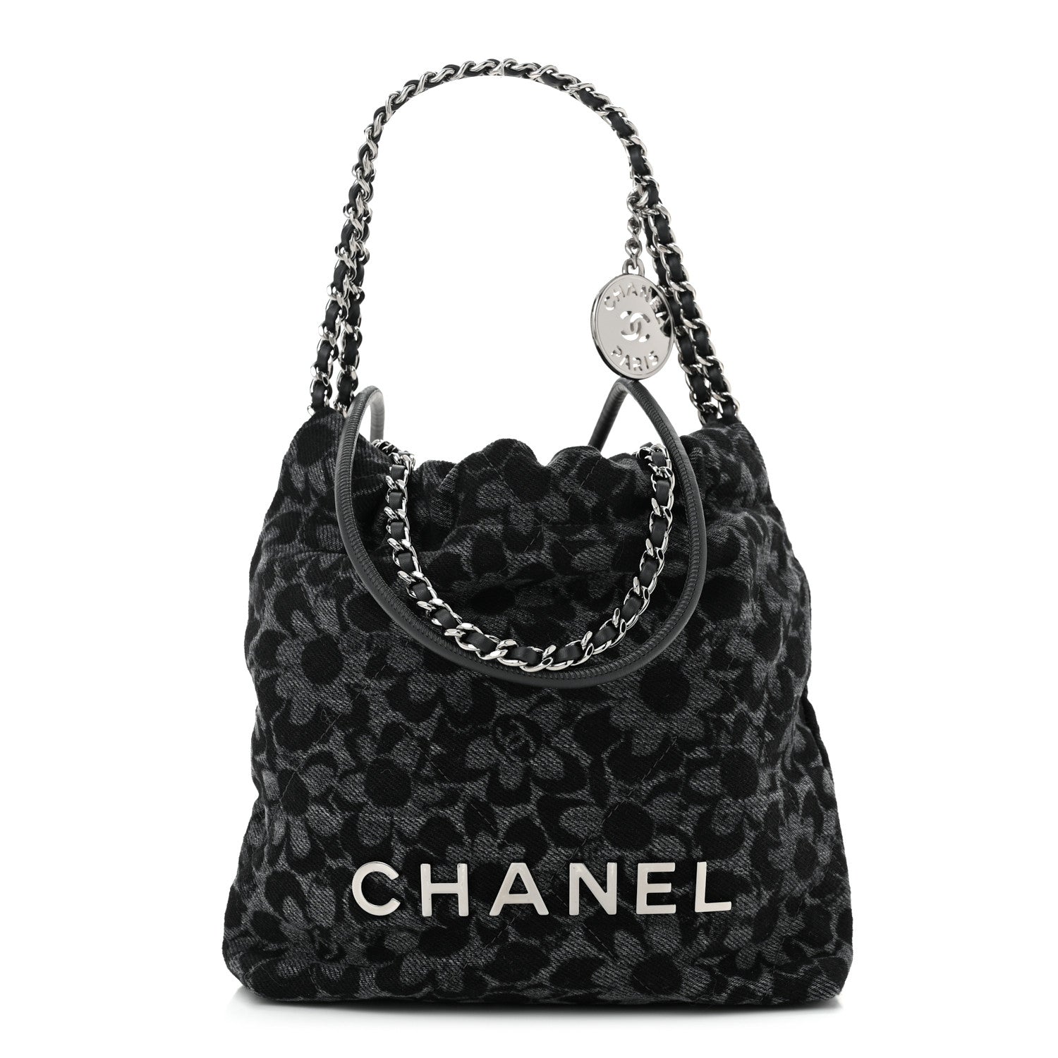 Chanel Denim Quilted Floral Print Mini Chanel 22 Black Grey