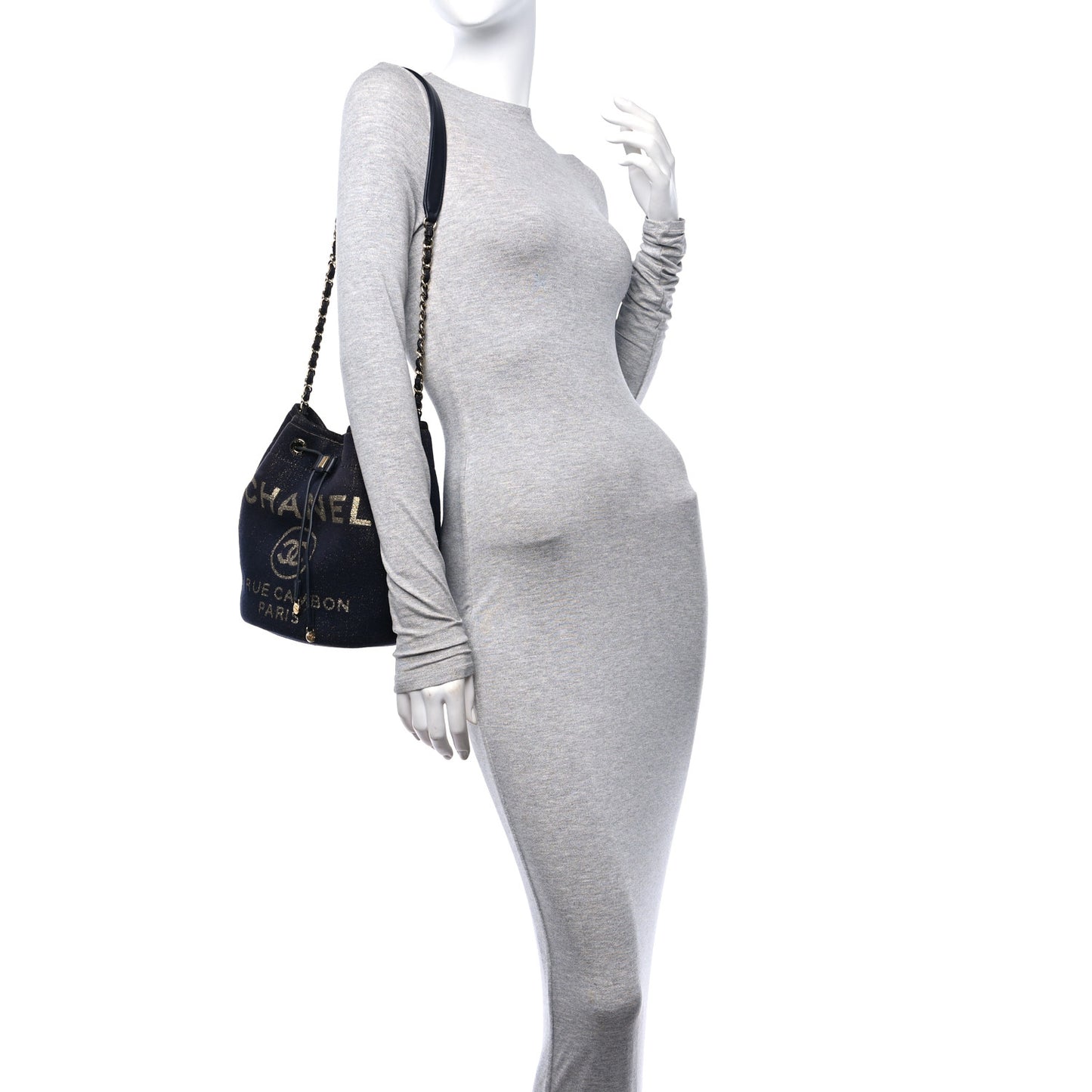 Lurex Canvas Deauville Drawstring Bucket Bag Navy Blue Gold