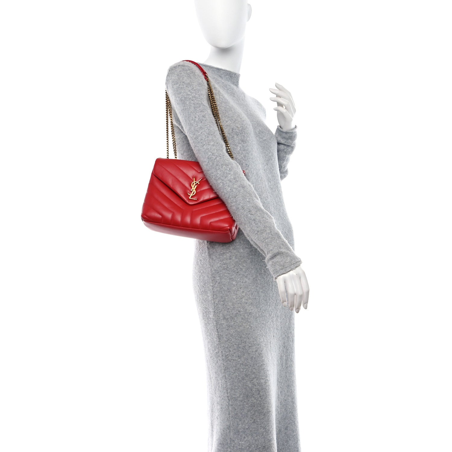 Saint Laurent SAINT LAURENT Calfskin Y Quilted Monogram Loulou Chain Satchel Red 2 of 9