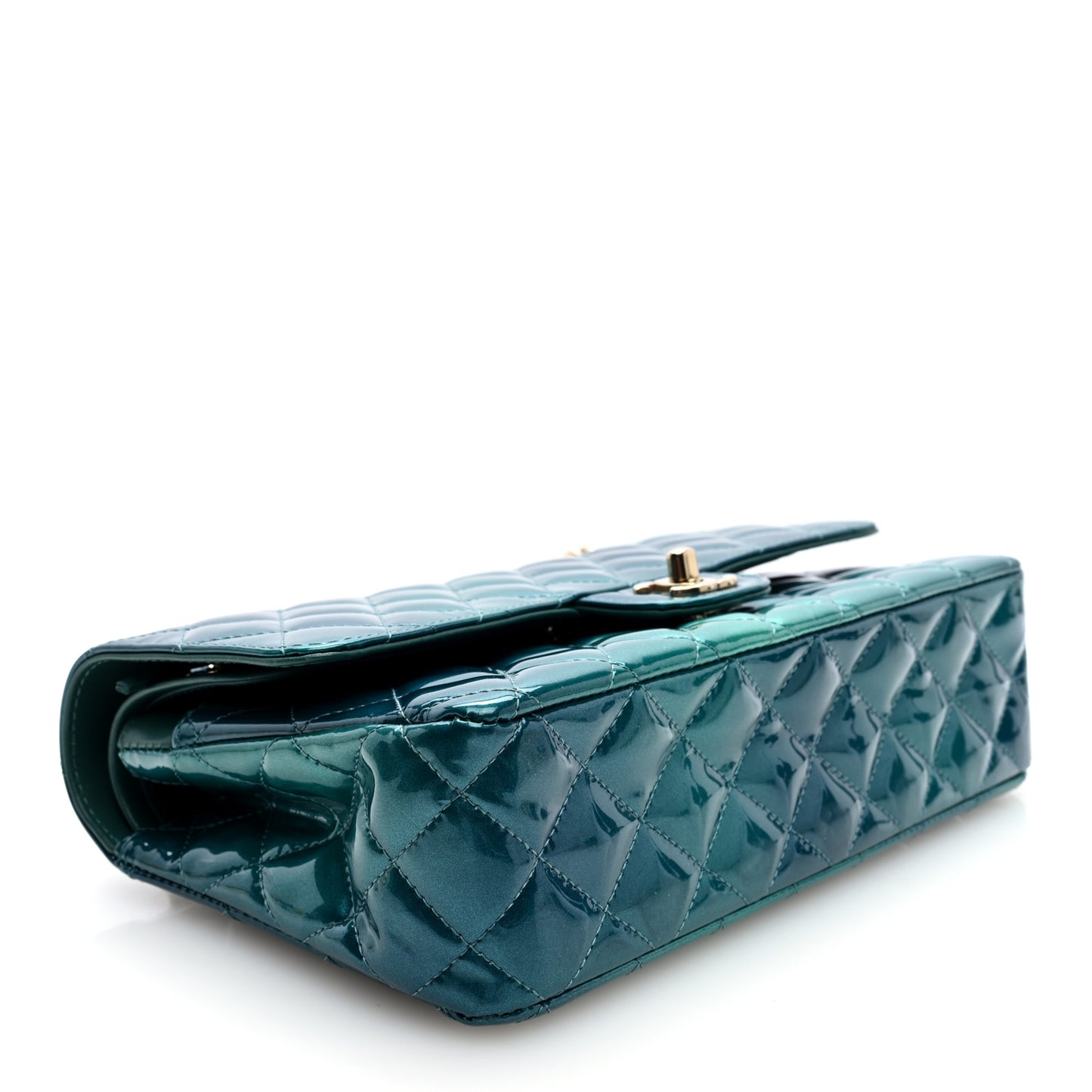 Shaded Patent Calfskin Quilted Medium Double Flap Green Blue