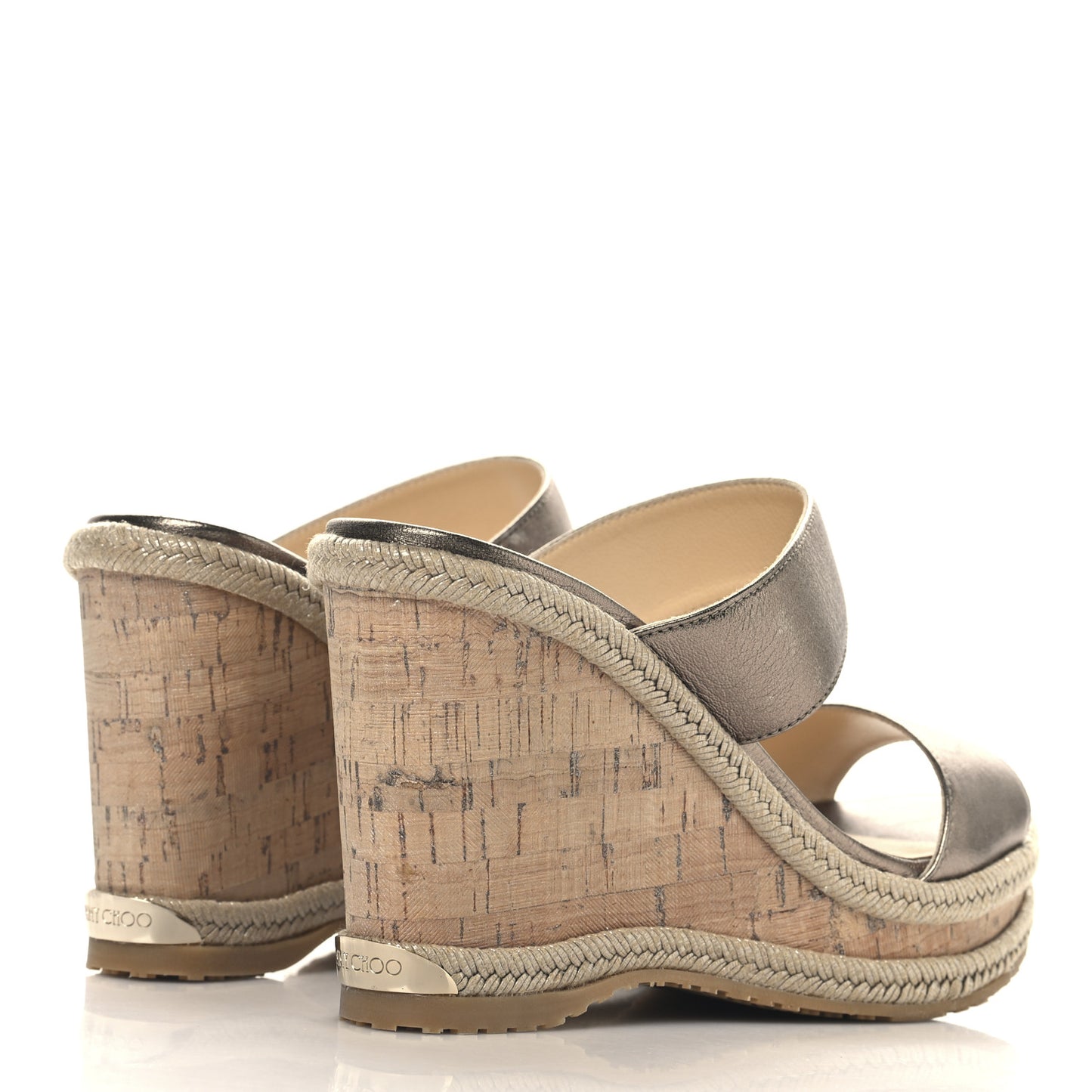 Metallic Calfskin Cork Wedge Sandals 36 Bronze