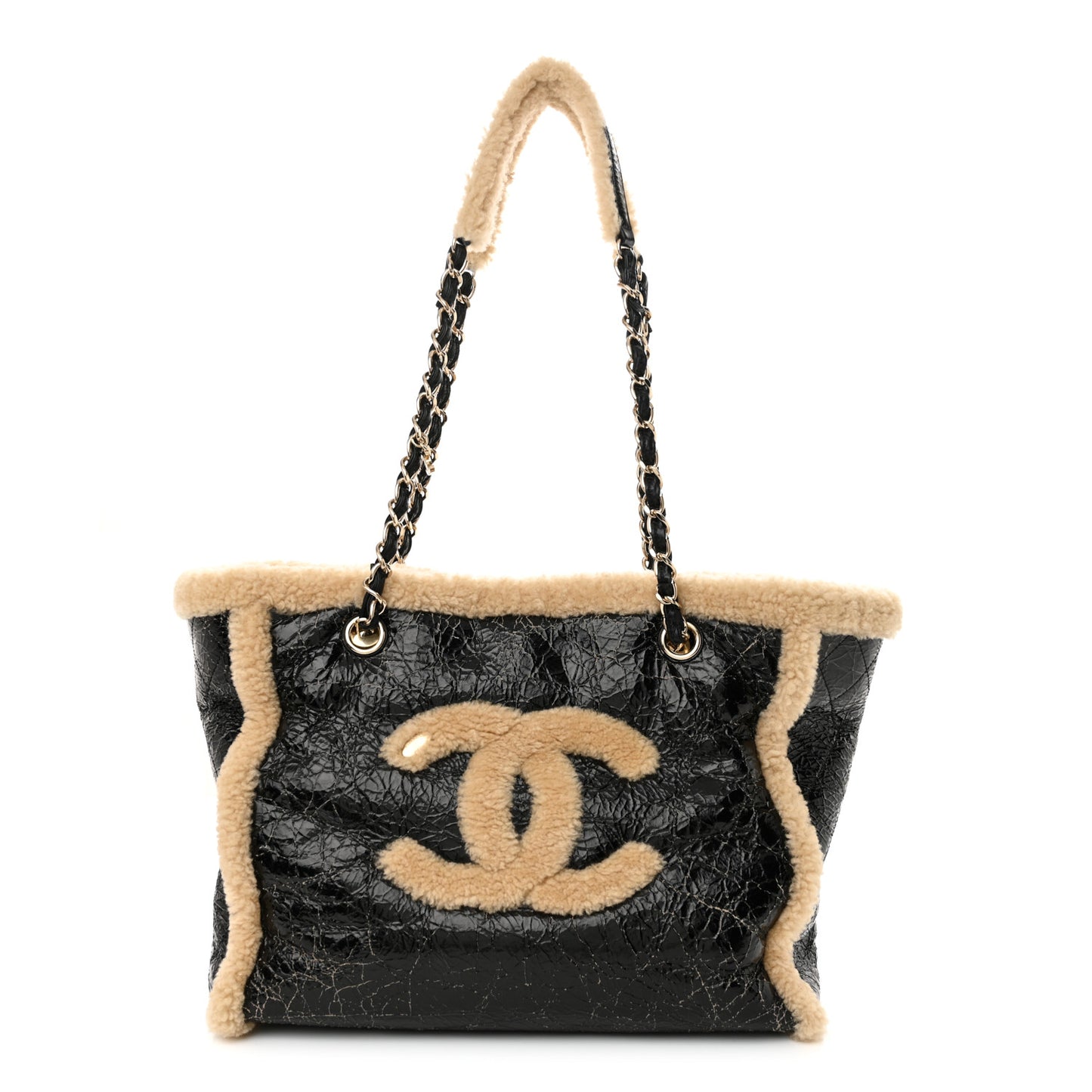 Shiny Crumpled Sheepskin Shearling CC Mania Tote Bag Black Beige