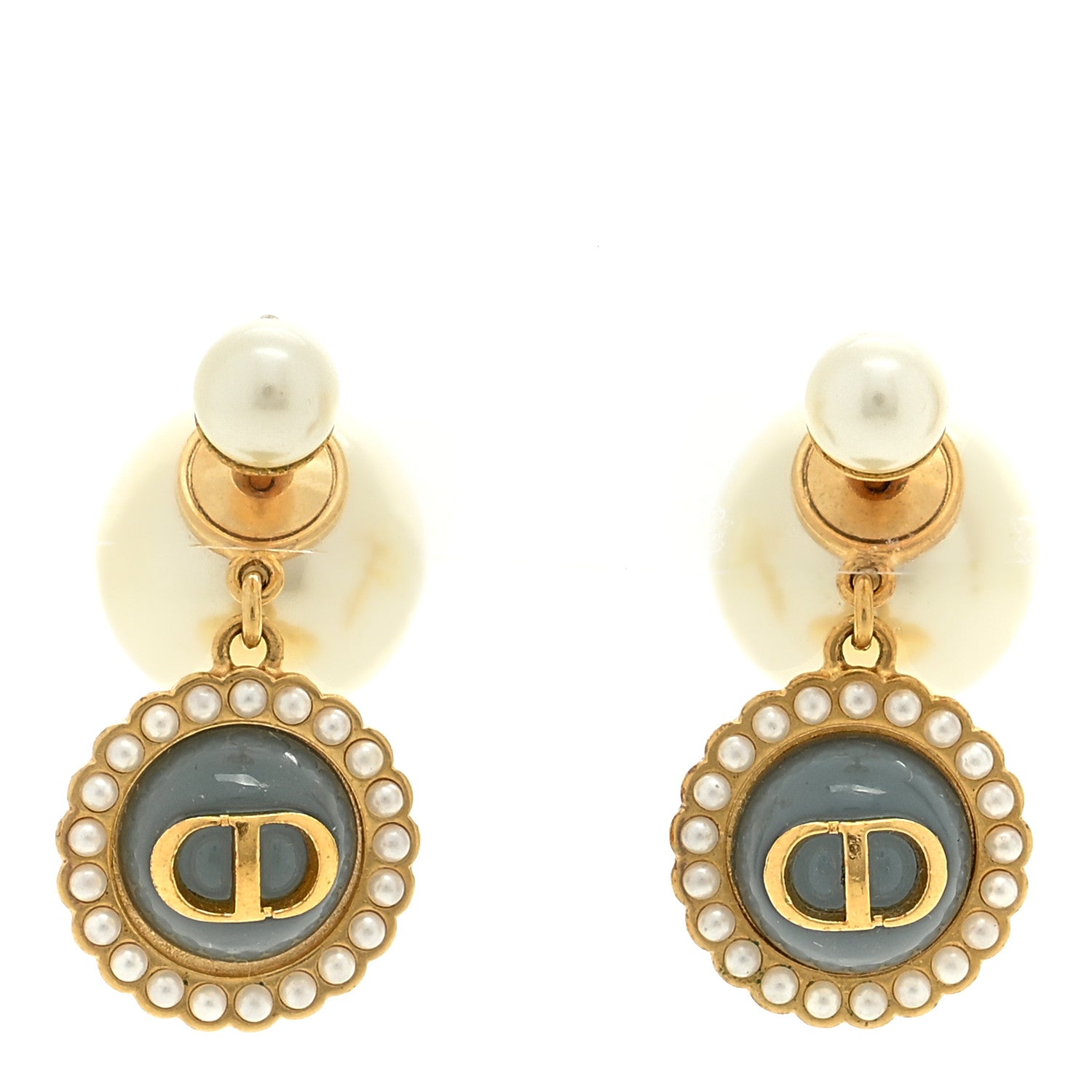 Christian Dior Resin Pearl Glass Logo Tribales Earrings Gold Blue 1 of 4
