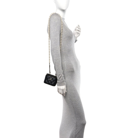 Lambskin Quilted Mini Vanity Case With Pearl Chain Black