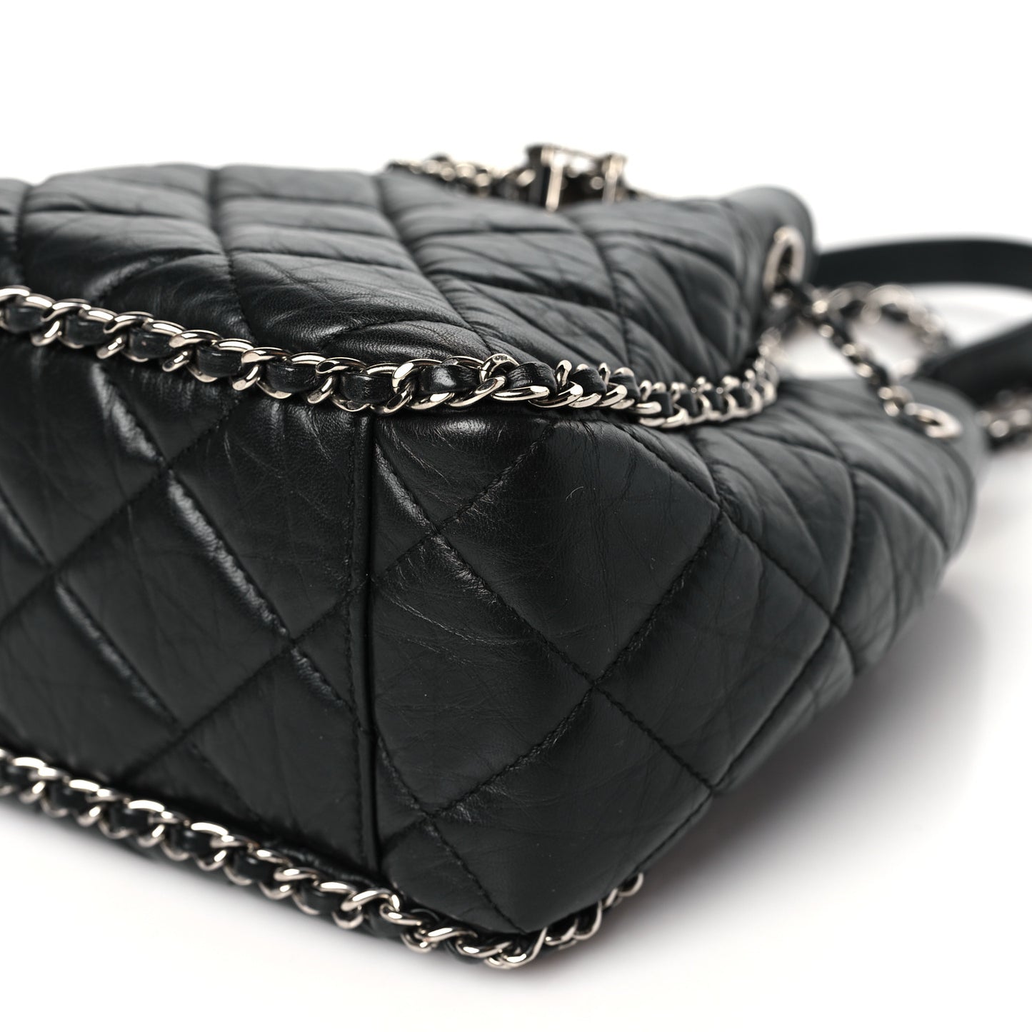 Crumpled Calfskin Quilted Chain All Over Drawstring Bucket Bag Black