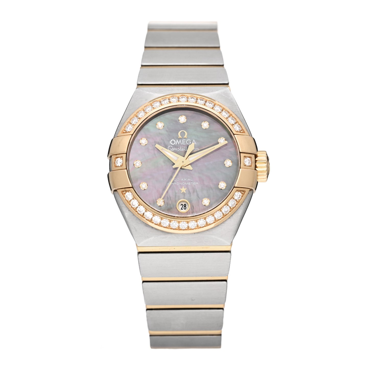 Stainless Steel 18K Yellow Gold Diamond Bezel Black Mother of Pearl 27mm Constellation Co-Axial Tahiti Automatic Watch 123.25.27.20.57.007