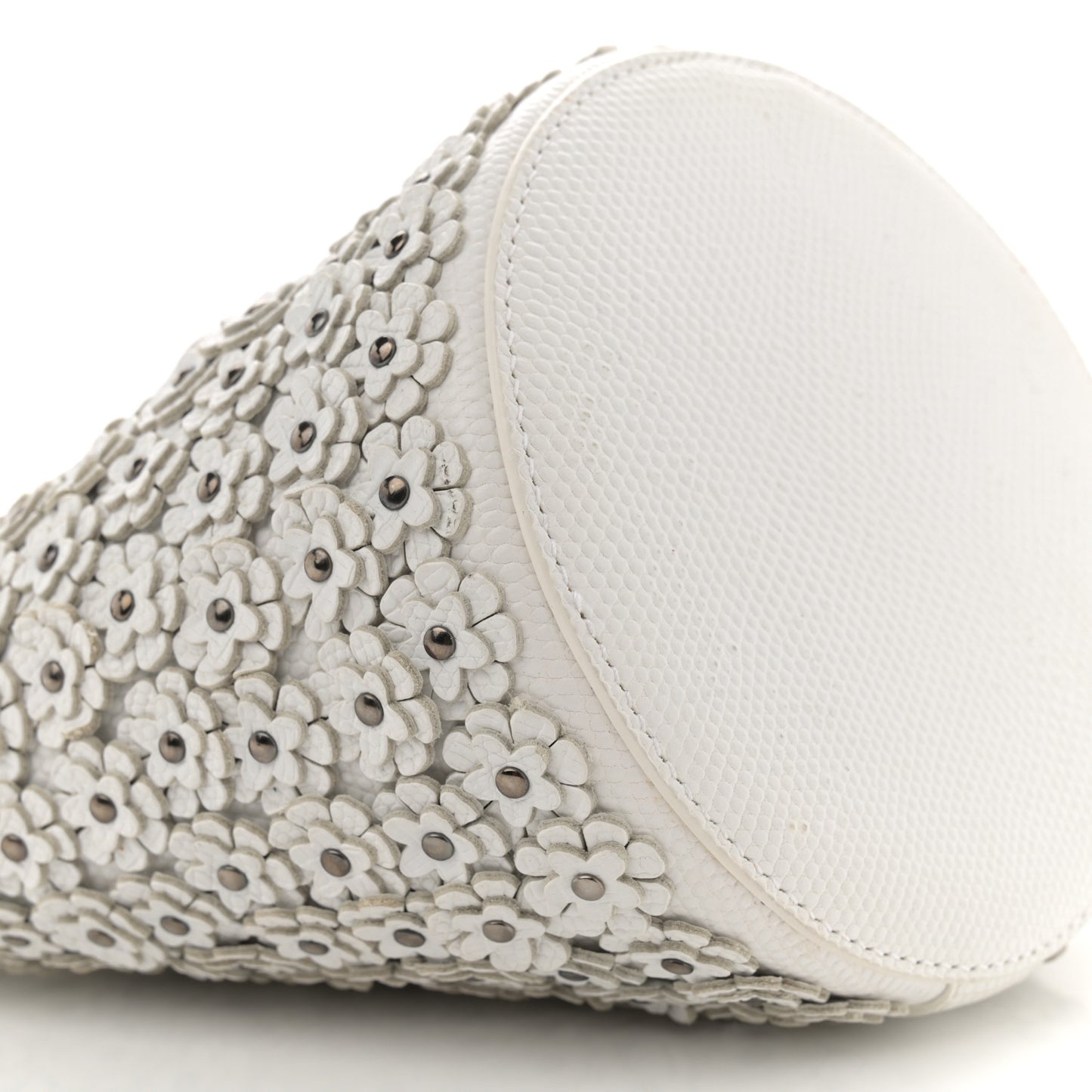 Lizard Embossed Calfskin Flower Applique Bucket Bag White