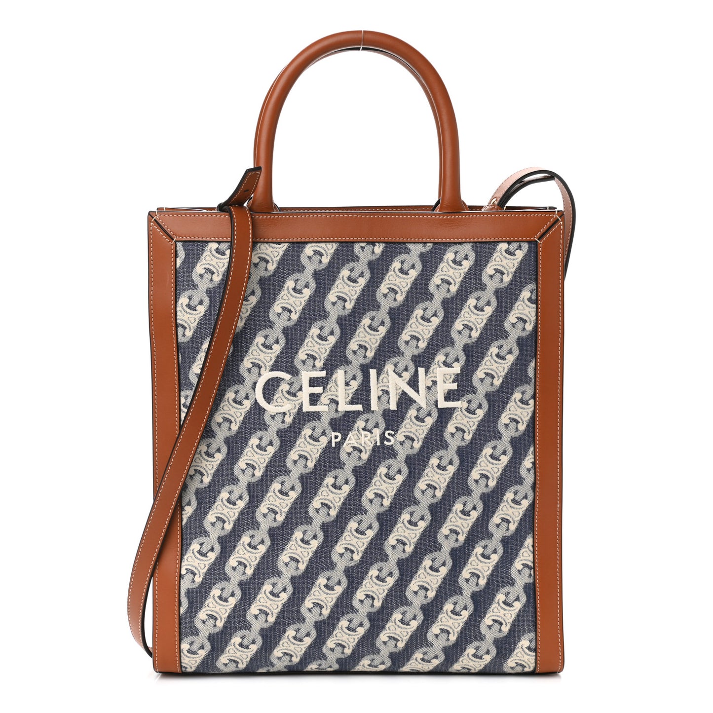 Maillon Triomphe Canvas Calfskin Small Vertical Cabas Navy Tan