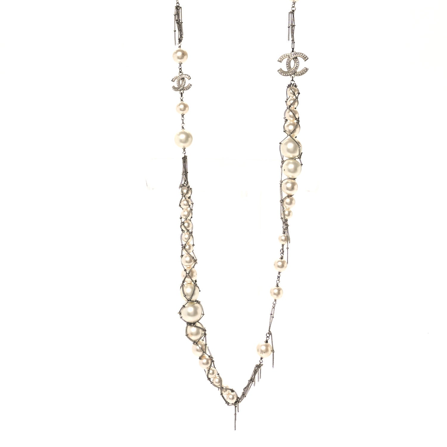 Chanel Crystal Pearl Multi Strand Chain CC Long Necklace Silver 1 of 6
