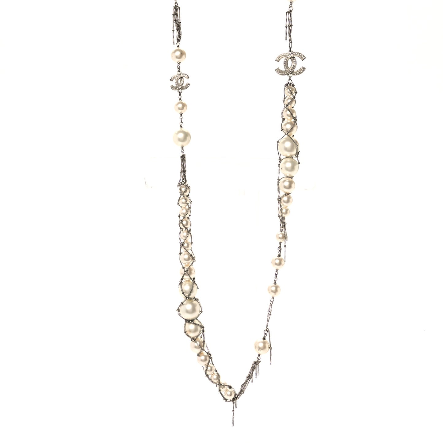 Crystal Pearl Multi Strand Chain CC Long Necklace Silver