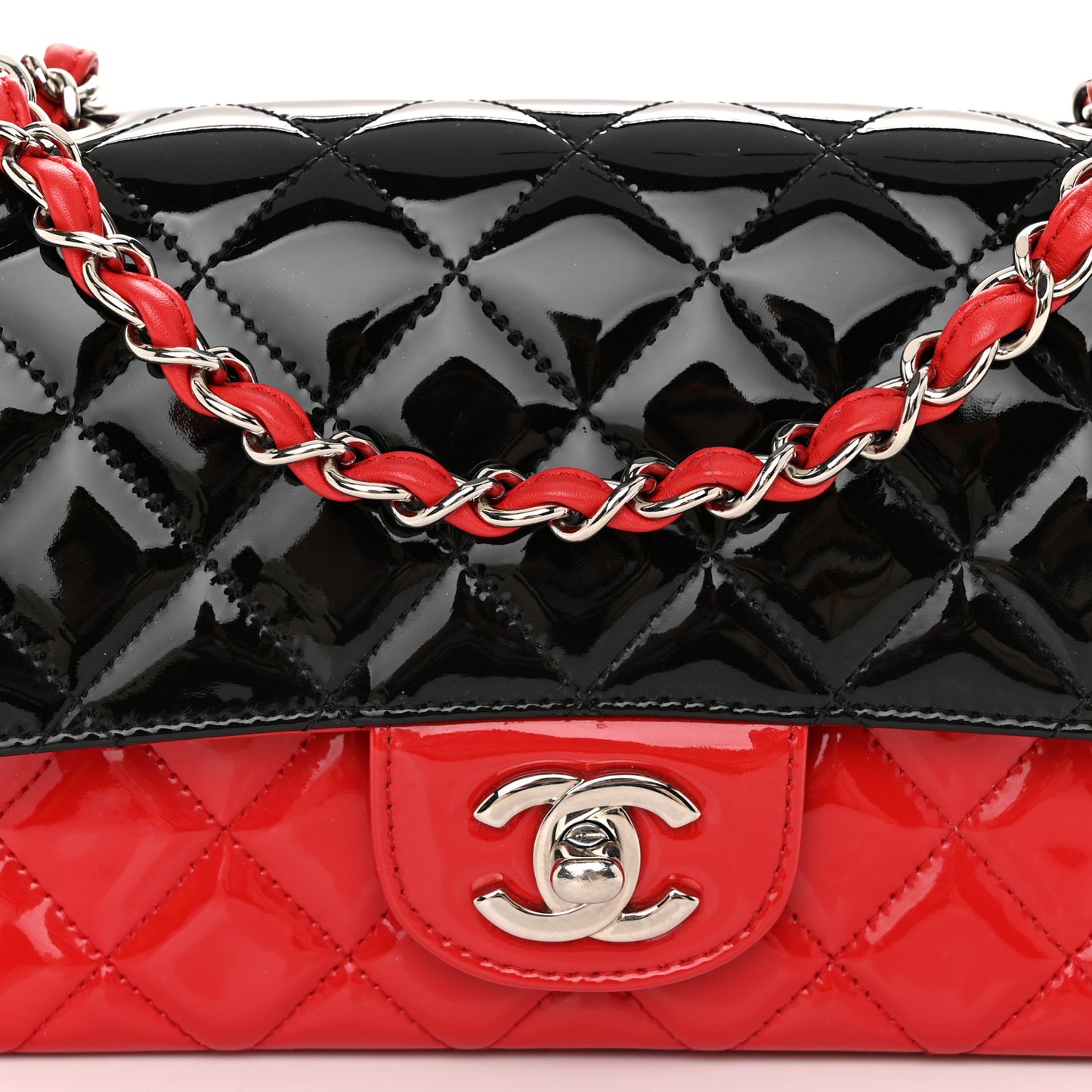 Patent Calfskin Quilted Bi-Color Mini Rectangular Flap Red Black
