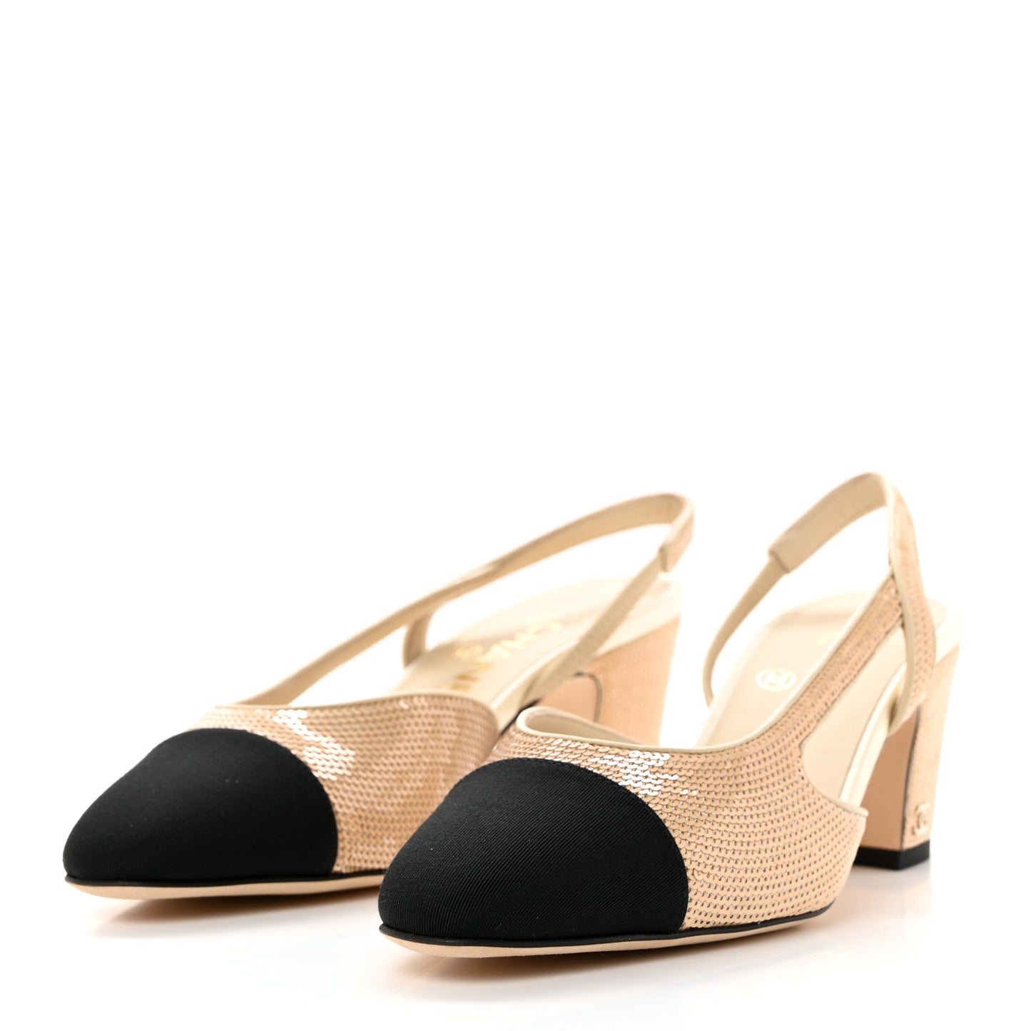 Sequin Grosgrain Cap Toe CC Slingback Pumps 36.5 Gold Black