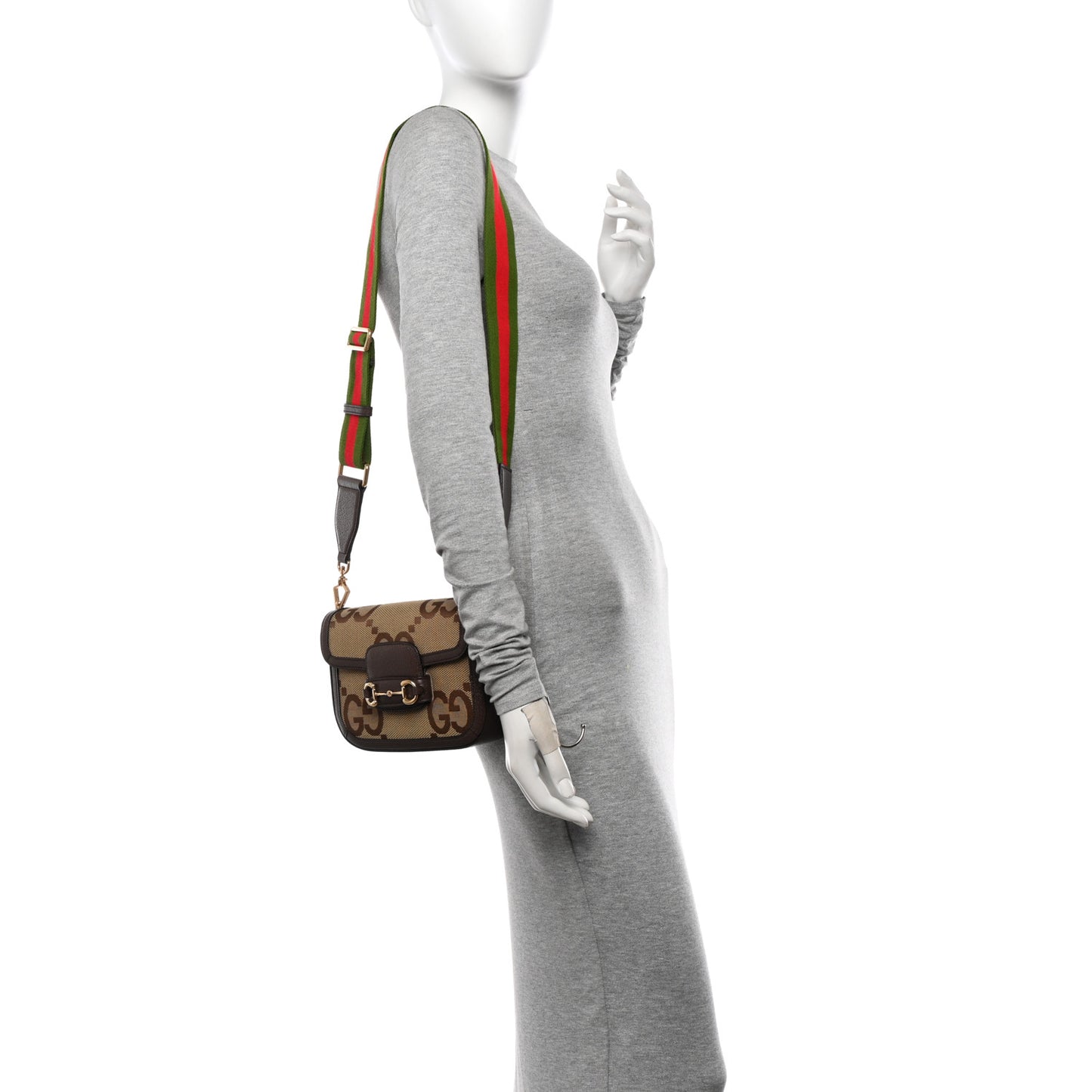 Monogram Jumbo GG Textured Dollar Calfskin Web Mini Horsebit 1955 Shoulder Bag Camel Ebony New Acero
