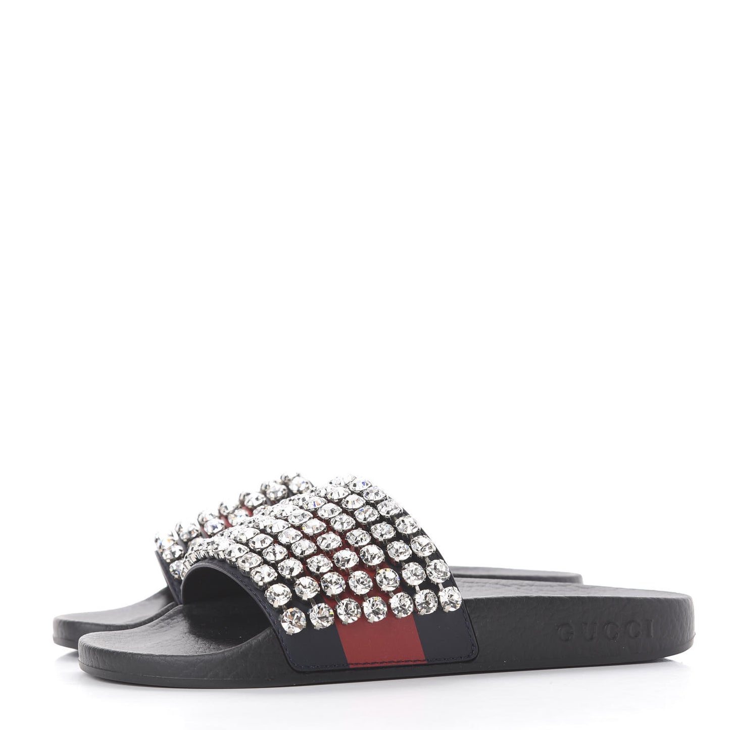 Calfskin Crystal Embellished Web Slide Sandals 35 Blue Red