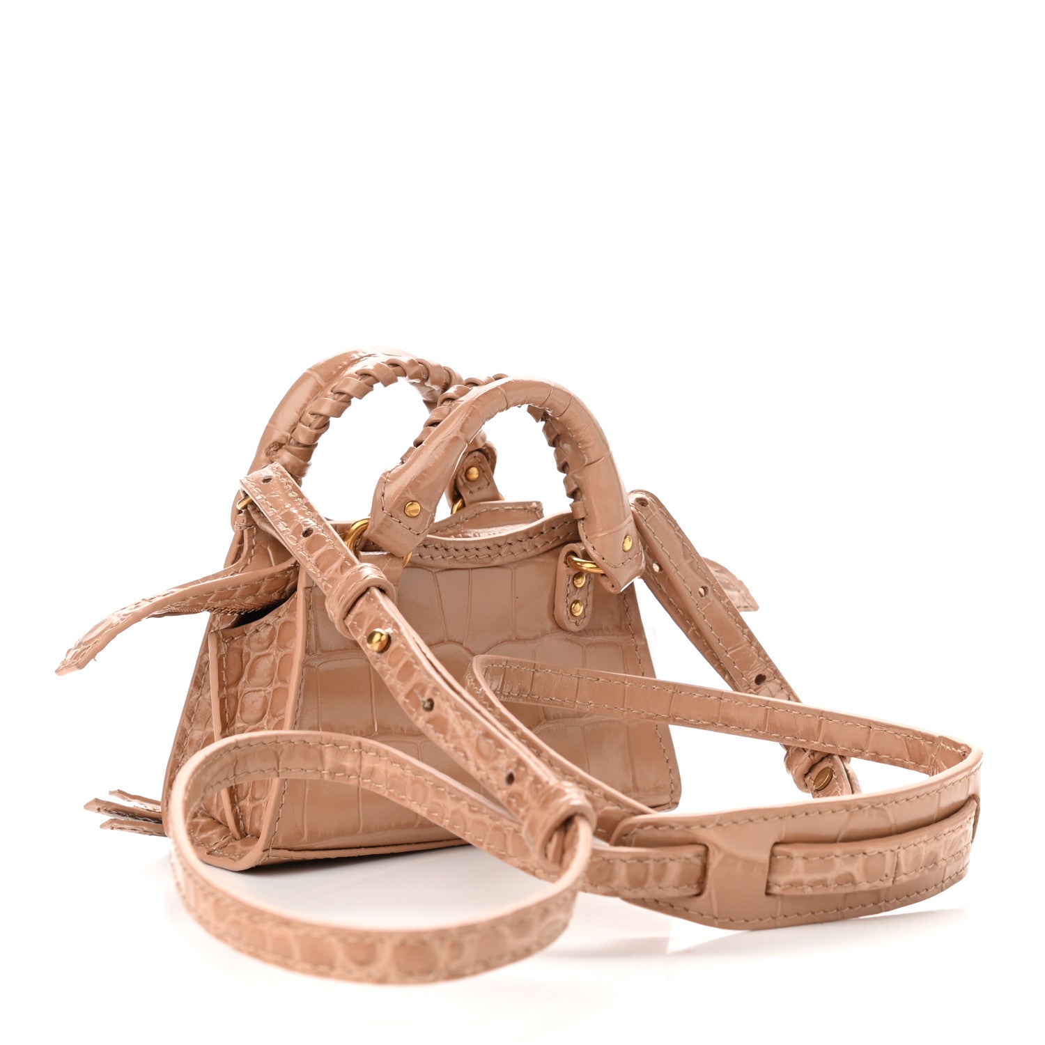 Balenciaga Shiny Supple Calfskin Crocodile Embossed Neo Classic Gold Hardware Super Nano City Crossbody Nude Beige 3 of 8