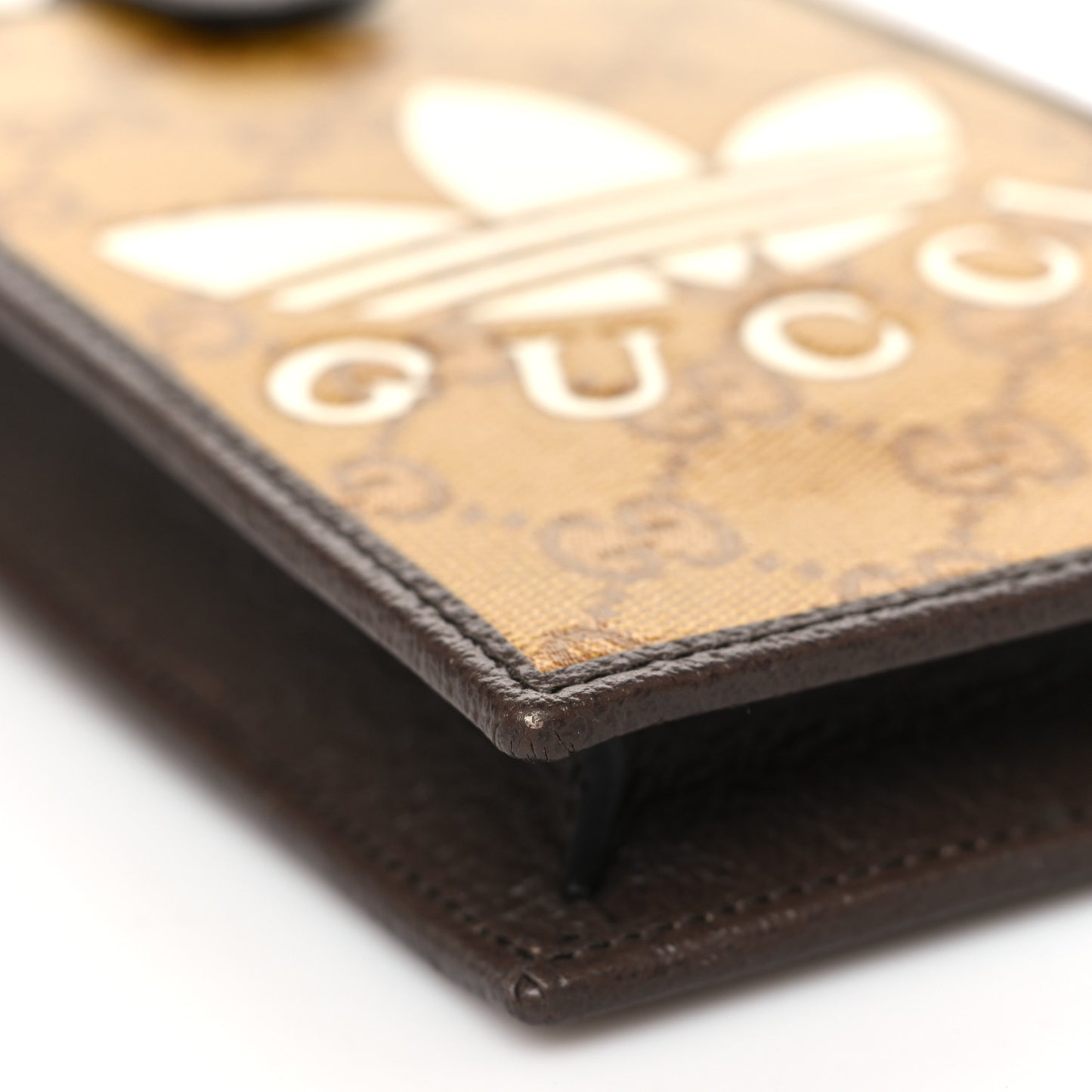 X ADIDAS Crystal Vintage Monogram Textured Dollar Calfskin Trefoil Logo Phone Crossbody Bag Mid Natural Nut Off White New Acero
