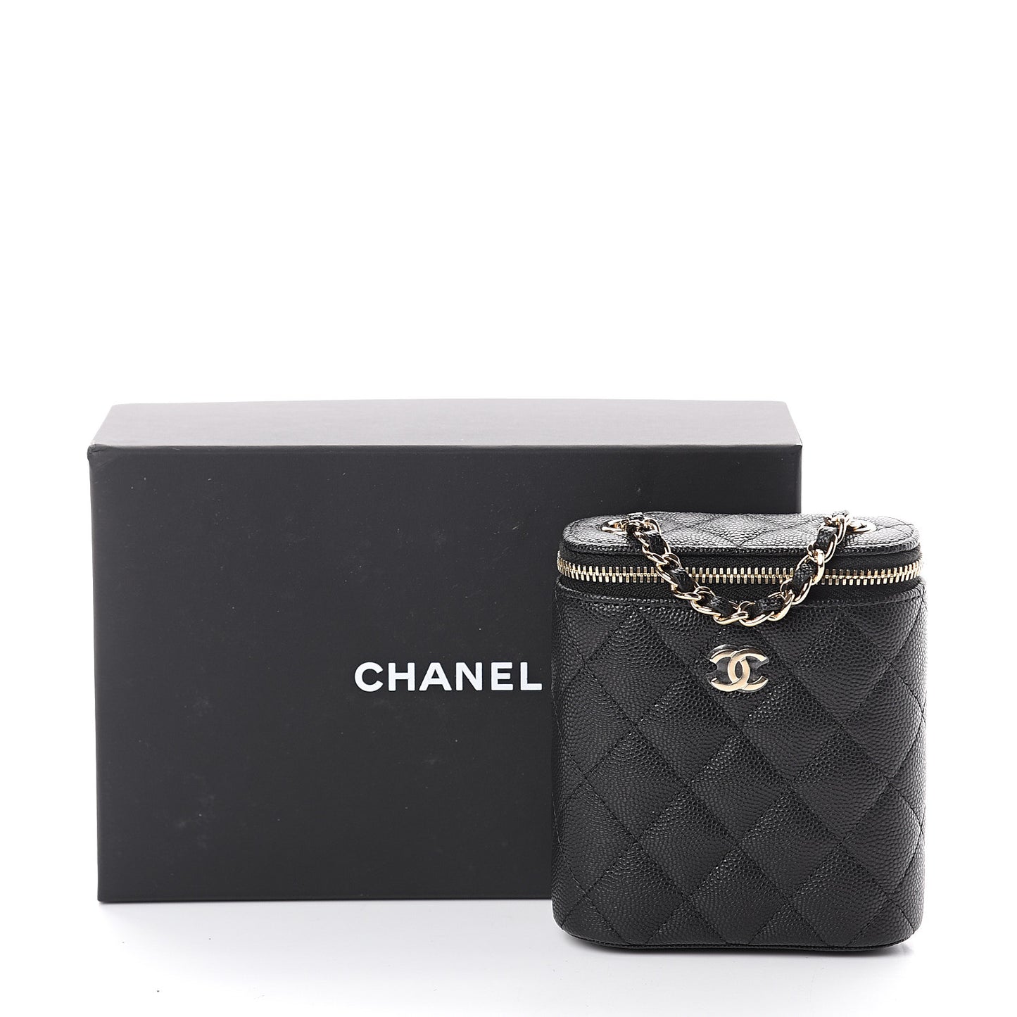 Caviar Quilted Small Vertical Coco Beauty Vanity Case With Chain Black