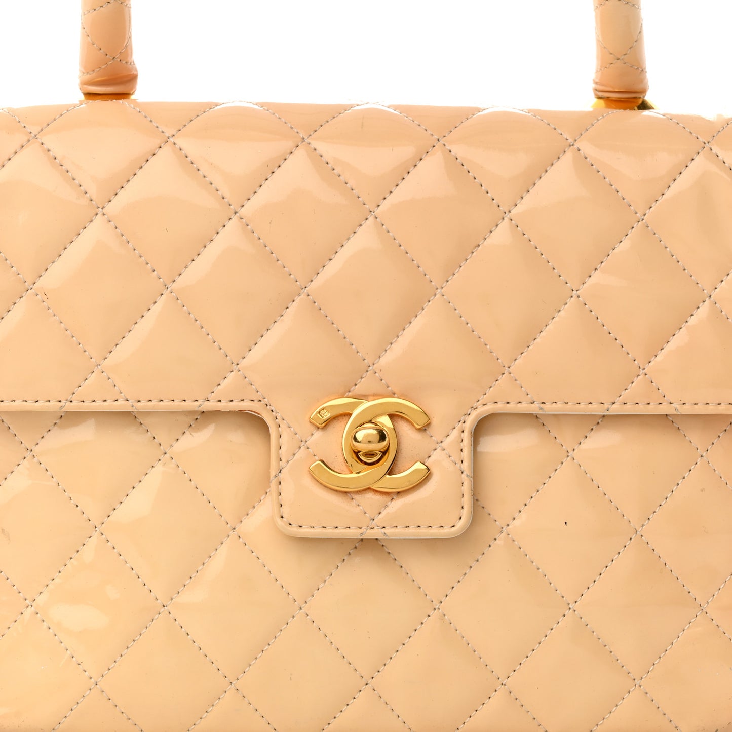 Patent Quilted Top Handle Single Flap Light Beige