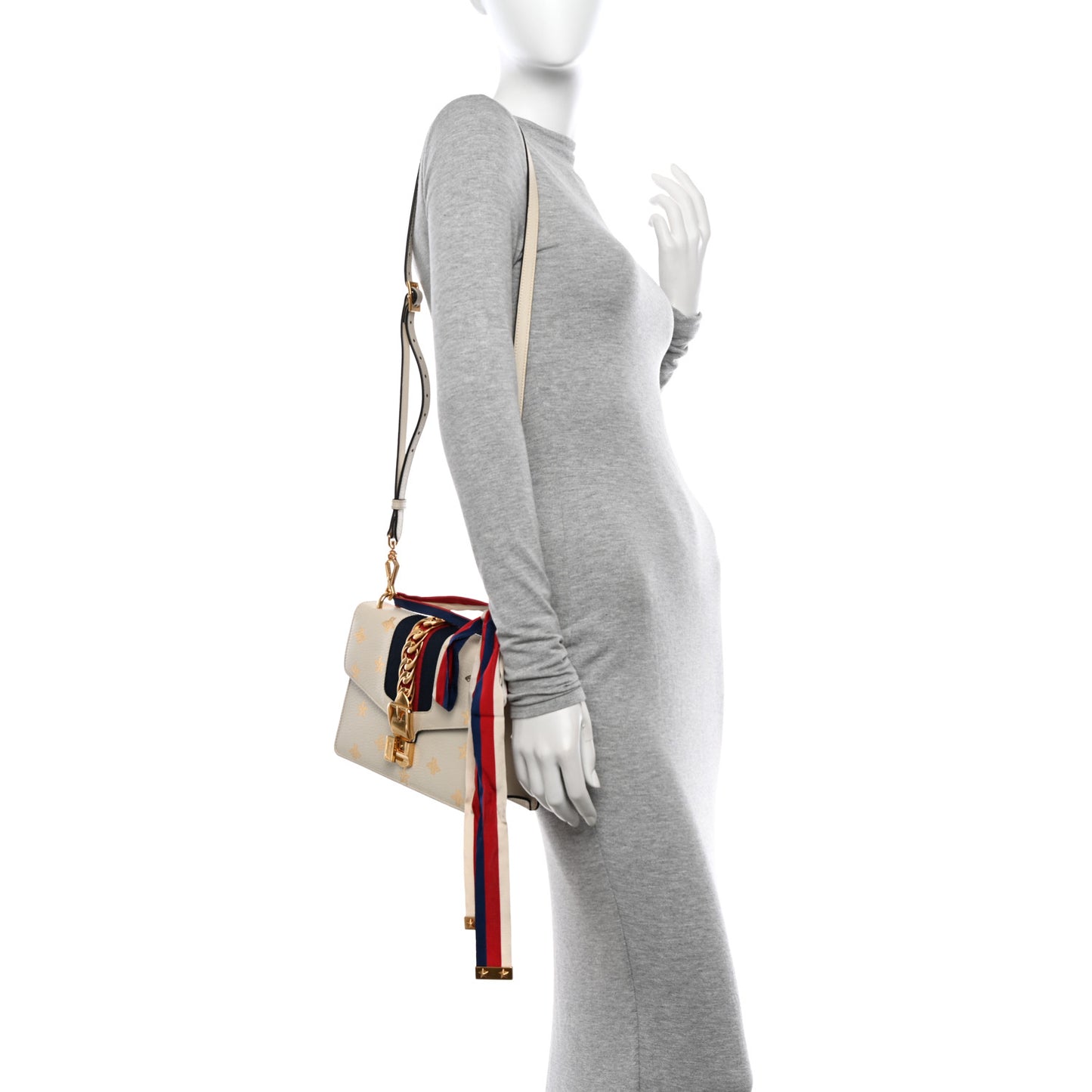 Textured Calfskin Bee Star Print Small Sylvie Shoulder Bag Mystic White
