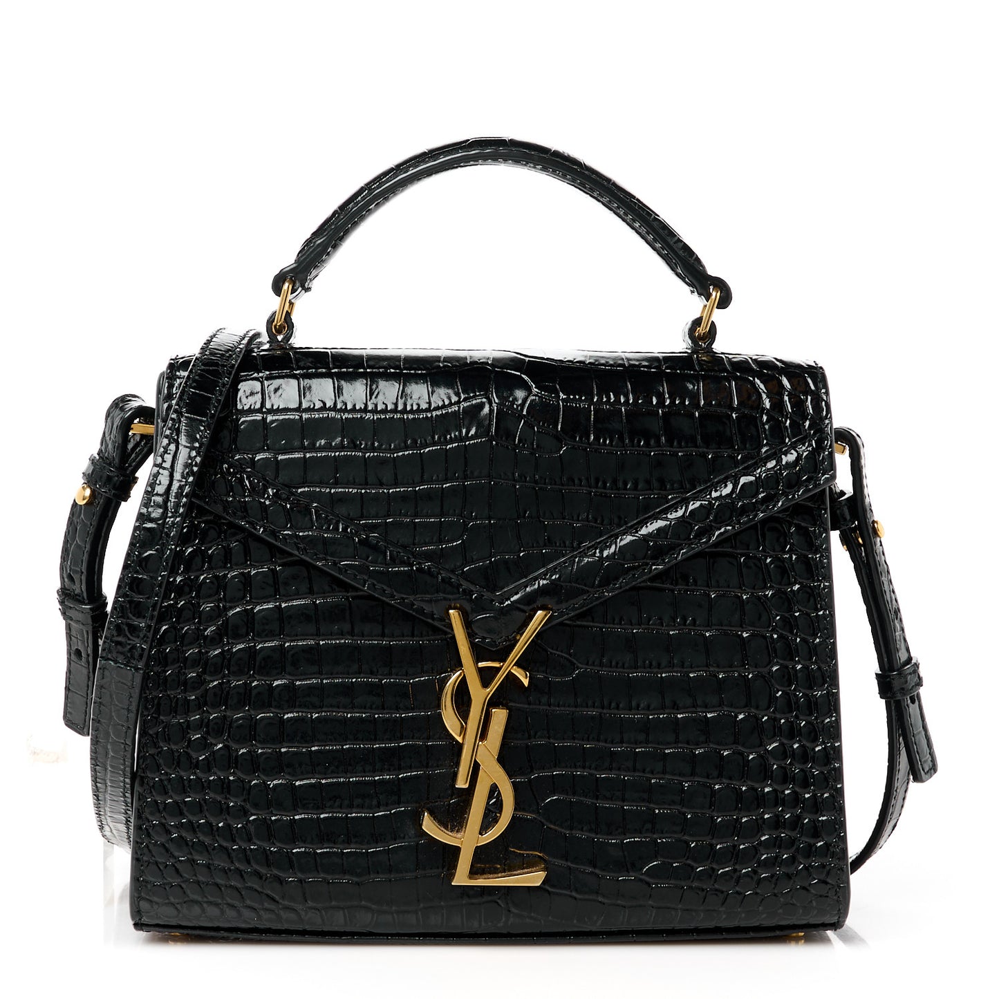 Calfskin Crocodile Embossed Mini Classic Monogram Cassandra Top Handle Black
