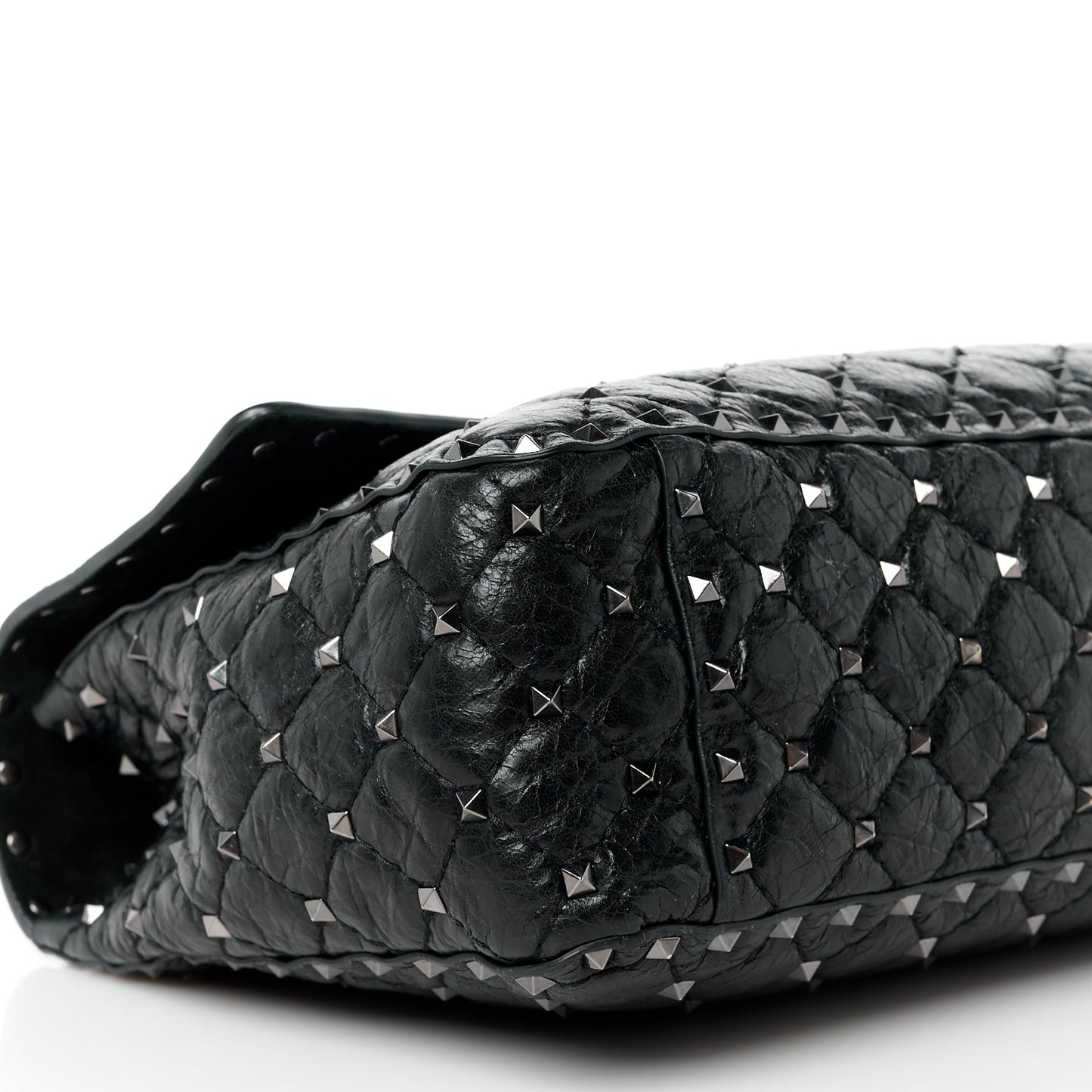 Craquele Nappa Large Rockstud Spike Shoulder Bag Black
