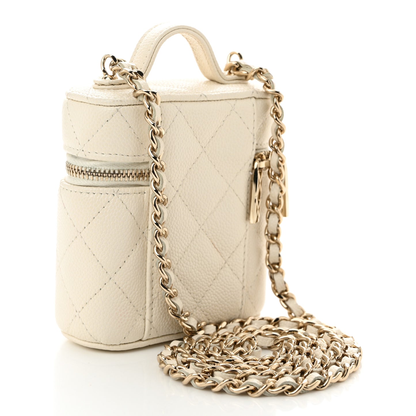 Caviar Quilted Small Handle With Care Vanity Case With Chain White