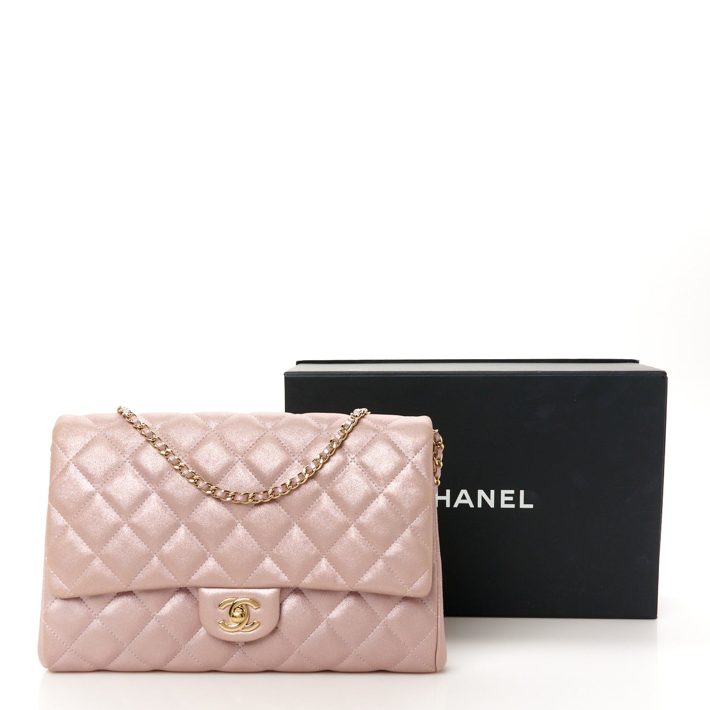 Iridescent Calfskin Quilted Clutch With Chain Flap Pink