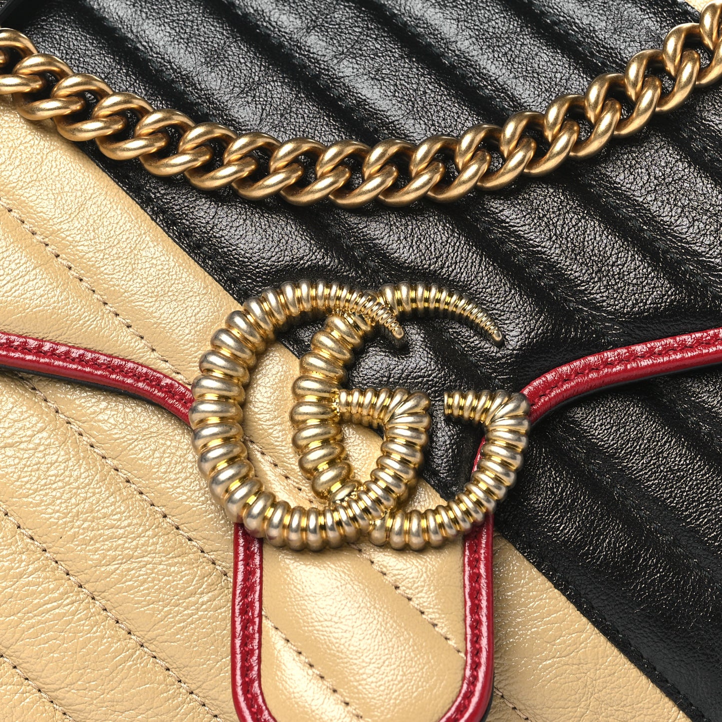 Vintage Effect Calfskin Matelasse Diagonal Striped Small Torchon GG Marmont Shoulder Bag Black Beige