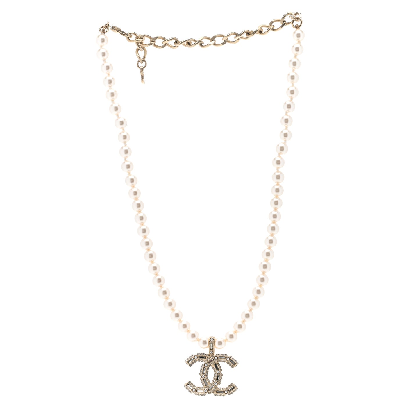 Pearl Crystal Baguette CC Short Necklace Gold