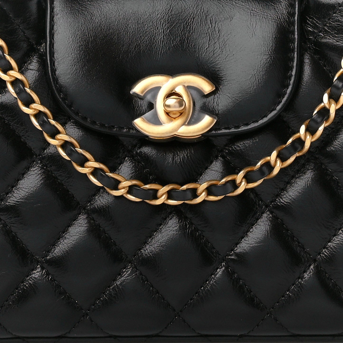 Shiny Aged Calfskin Quilted Nano Kelly Shopper Black