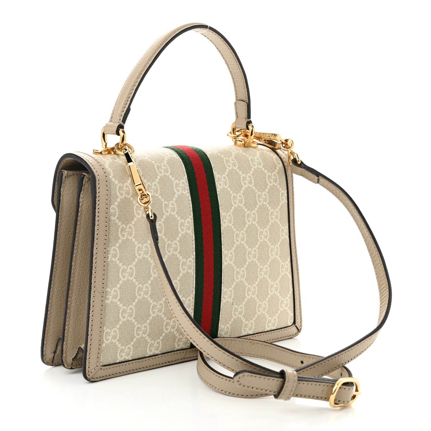 GG Supreme Monogram Textured Dollar Calfskin Web Small Ophidia Padlock Top Handle Bag Beige Mystic White Oatmeal