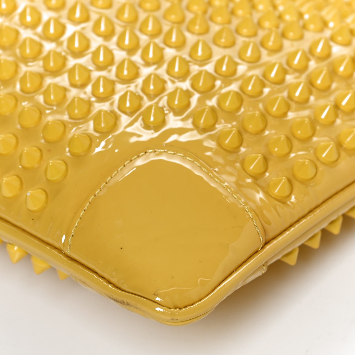Patent Calfskin Studded Loubiposh Chain Clutch Yellow