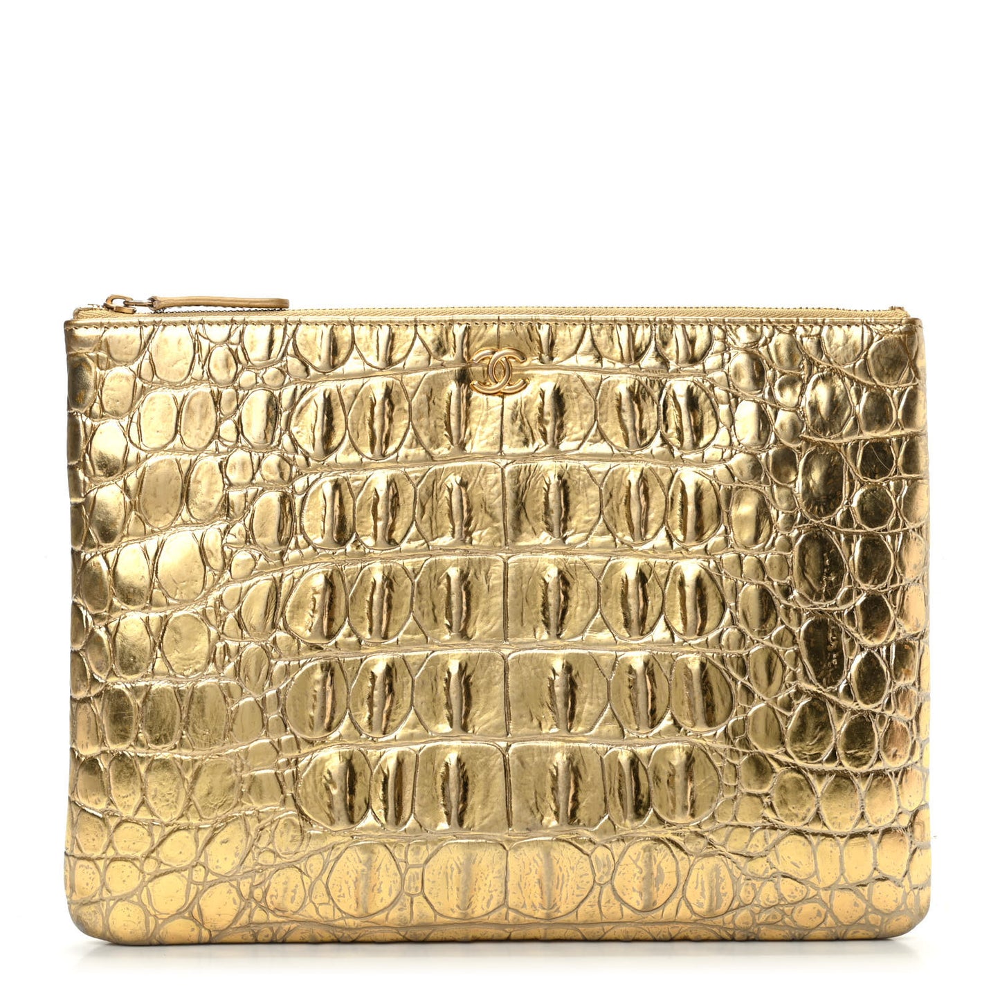 Metallic Calfskin Crocodile Embossed Medium Cocodile Cosmetic Case Gold