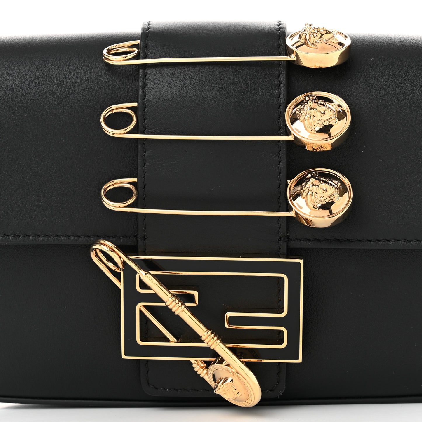 X VERSACE Vitello Seta Fendace Mini Brooch Baguette Black