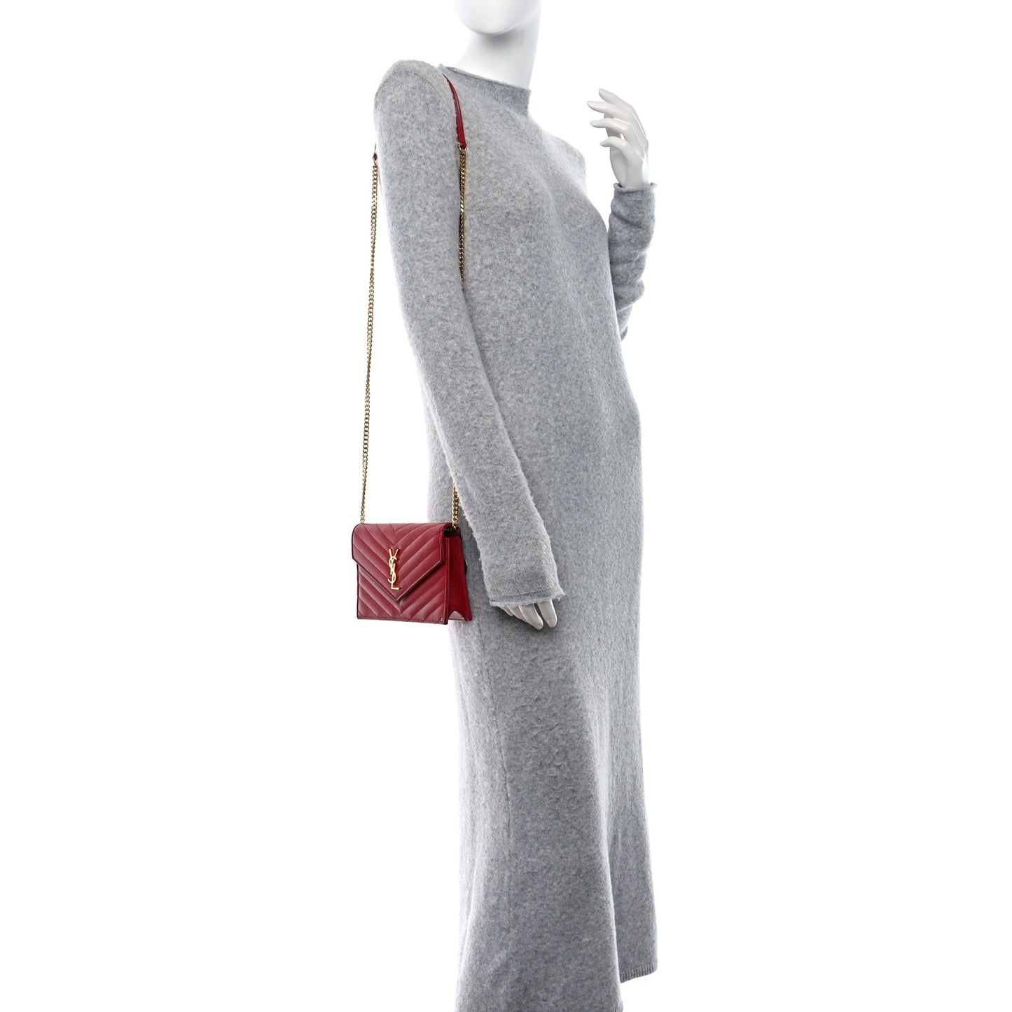 Grain De Poudre Matelasse Chevron Monogram Envelope Chain Wallet Red