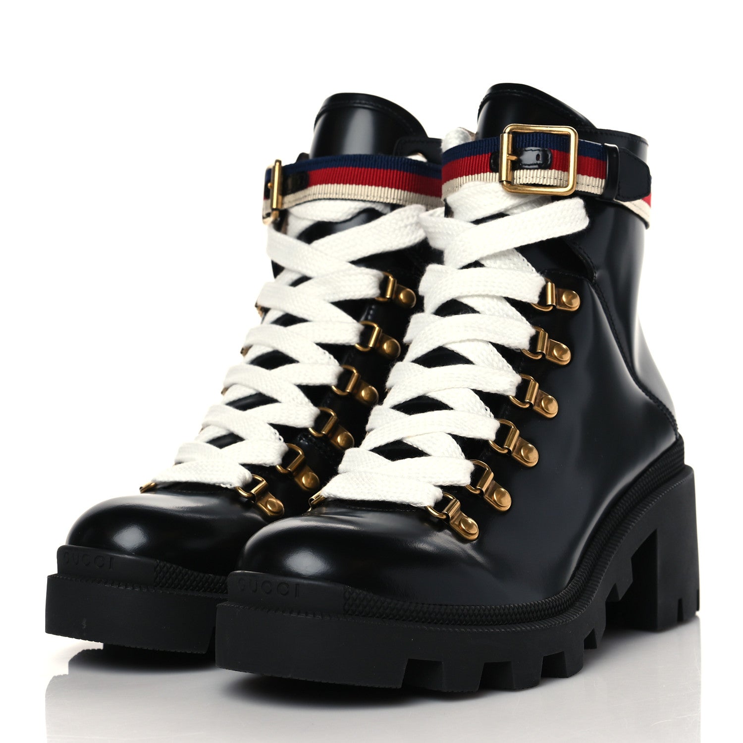 Gucci Calfskin Sylvie Web Womens Lace Up Combat Boots 38 Black 3 of 8