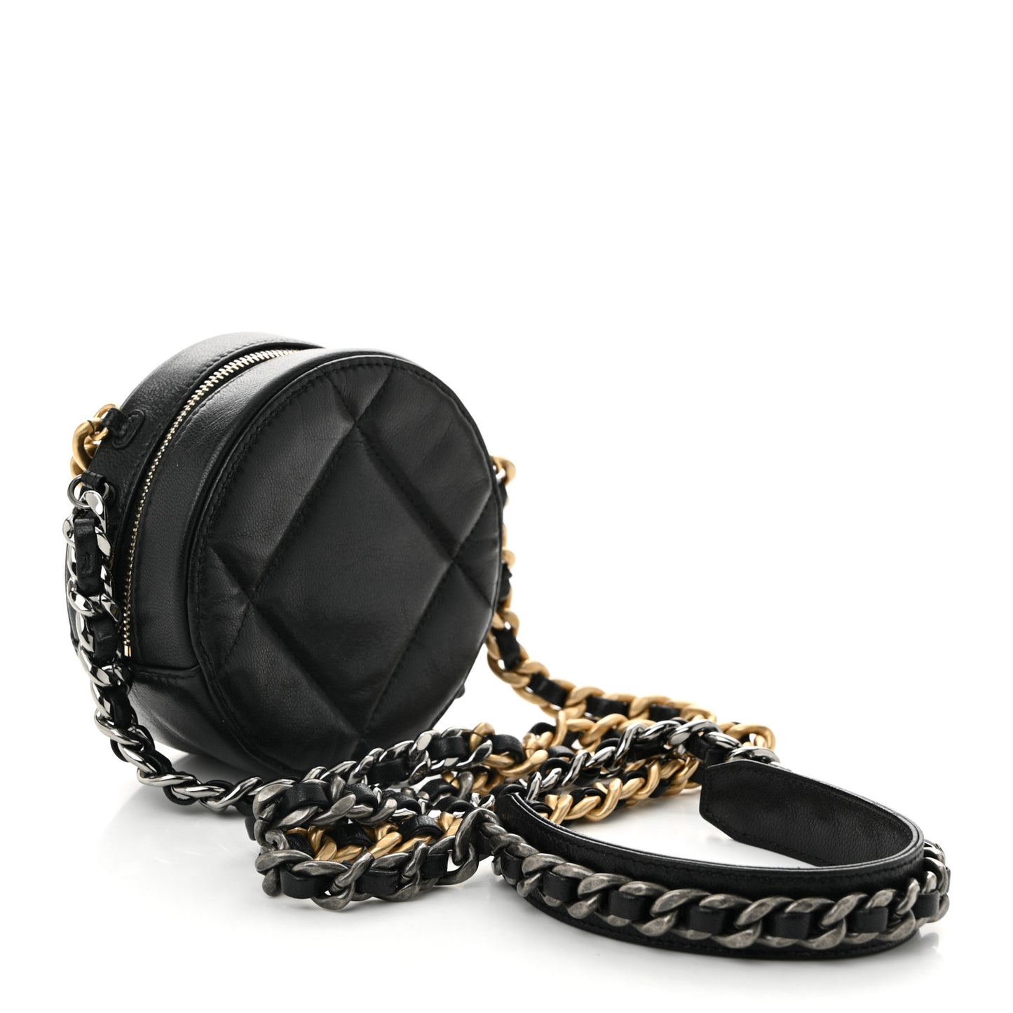 Shiny Goatskin Quilted Chanel 19 Round Clutch With Chain Black