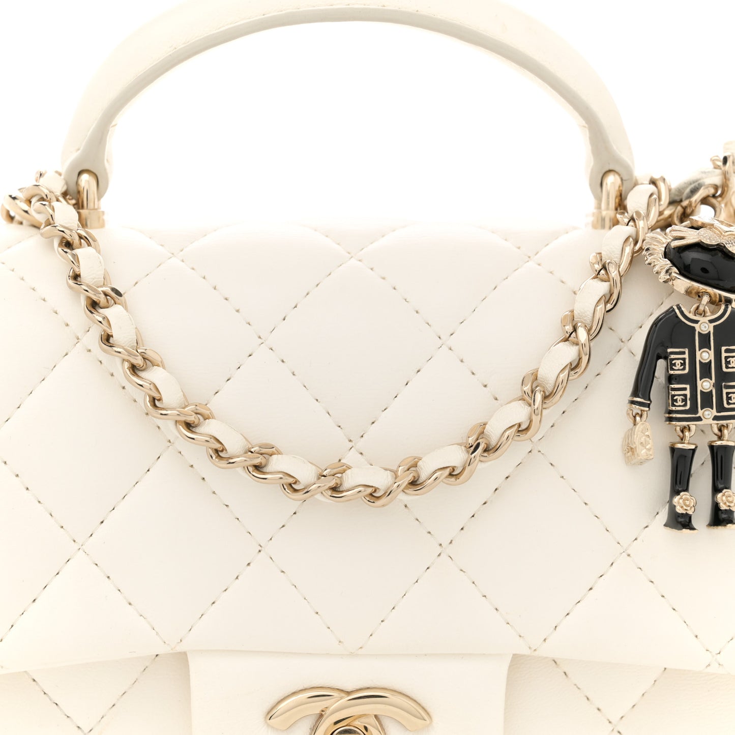 Lambskin Quilted Mini Lion Charm Top Handle Rectangular Flap White