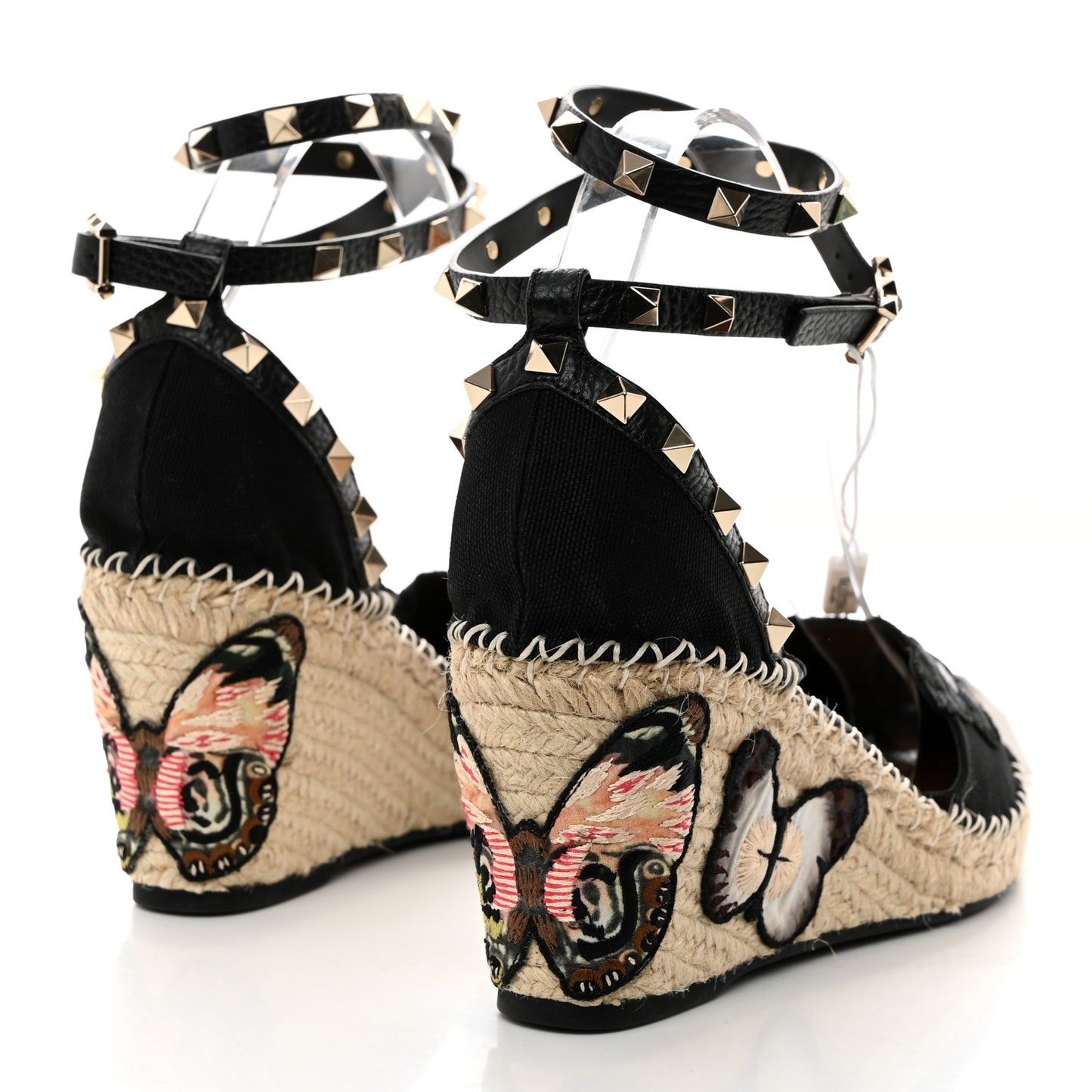 Canvas Butterfly Embroidered Rockstud Ankle Strap Espadrille 15/85mm Wedge Sandals 41 Black