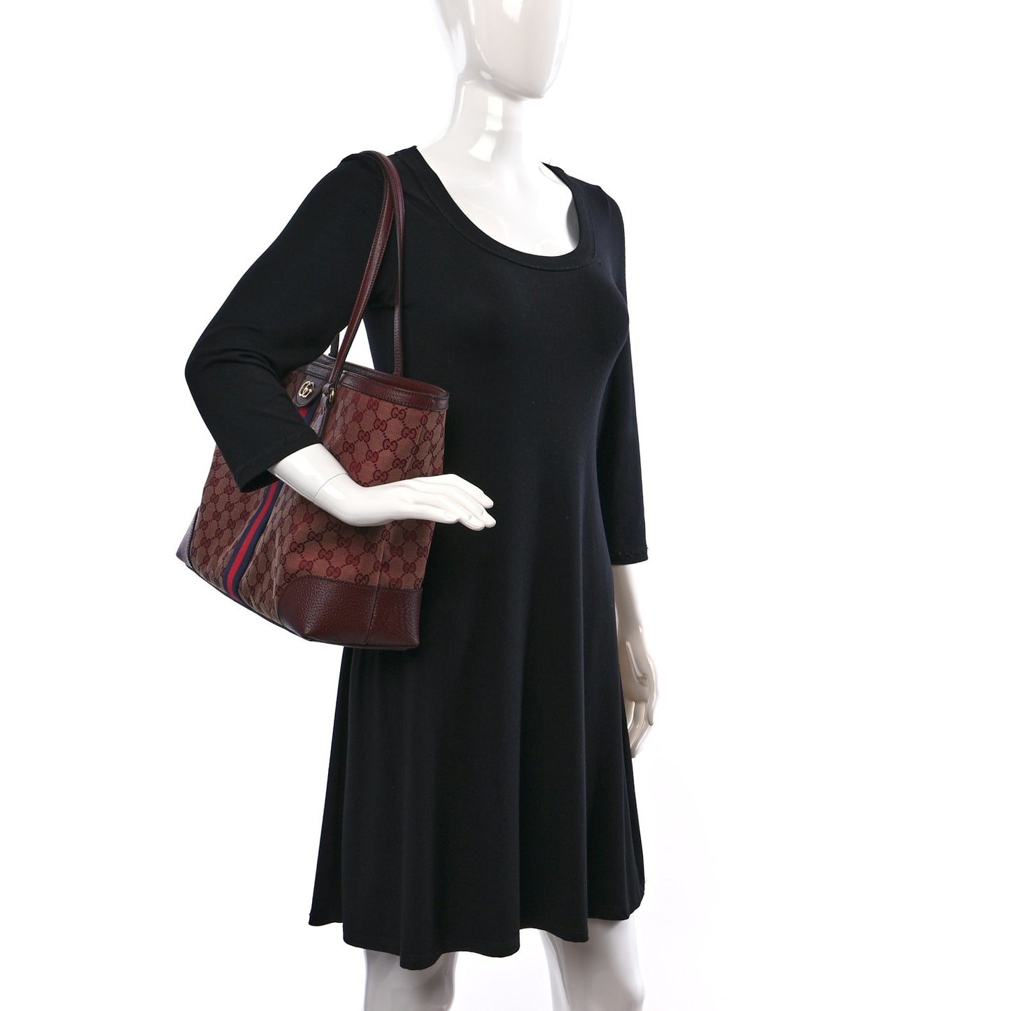 Monogram Textured Dollar Calfskin Web Medium Ophidia Shopping Tote Sahara Rubino Chardonnay