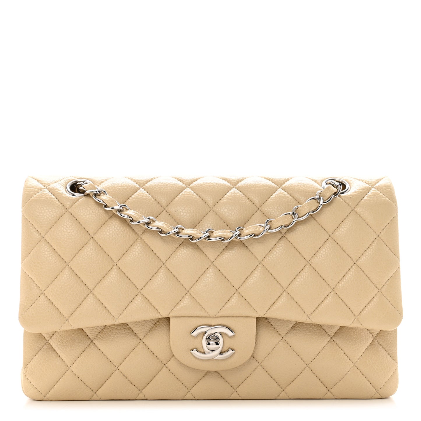 Caviar Quilted Medium Double Flap Beige