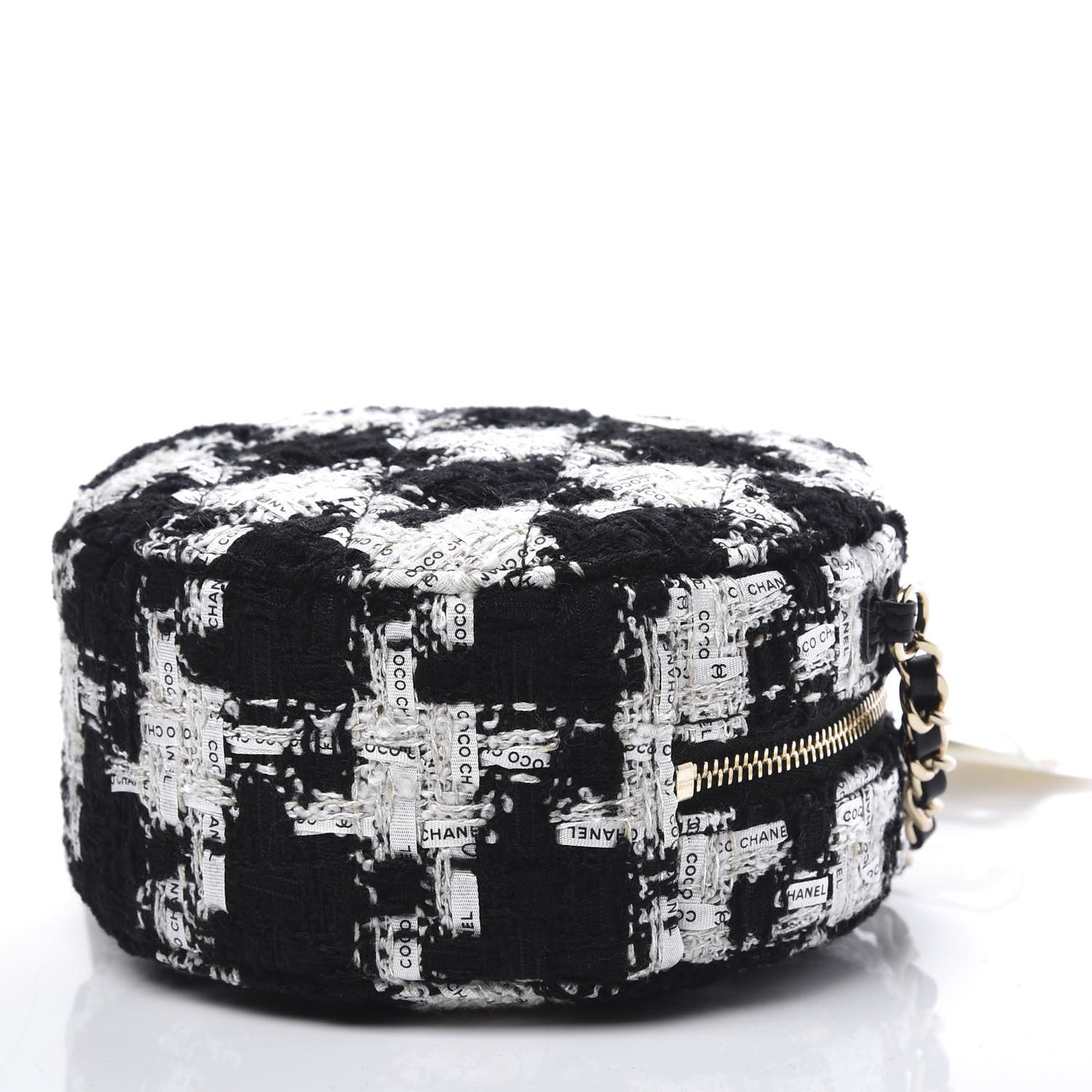 Tweed Quilted Round Clutch With Chain Black Ecru White
