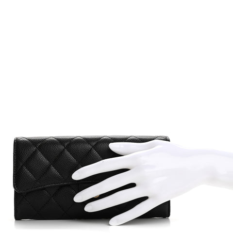 Caviar Quilted Large Gusset Flap Wallet Black